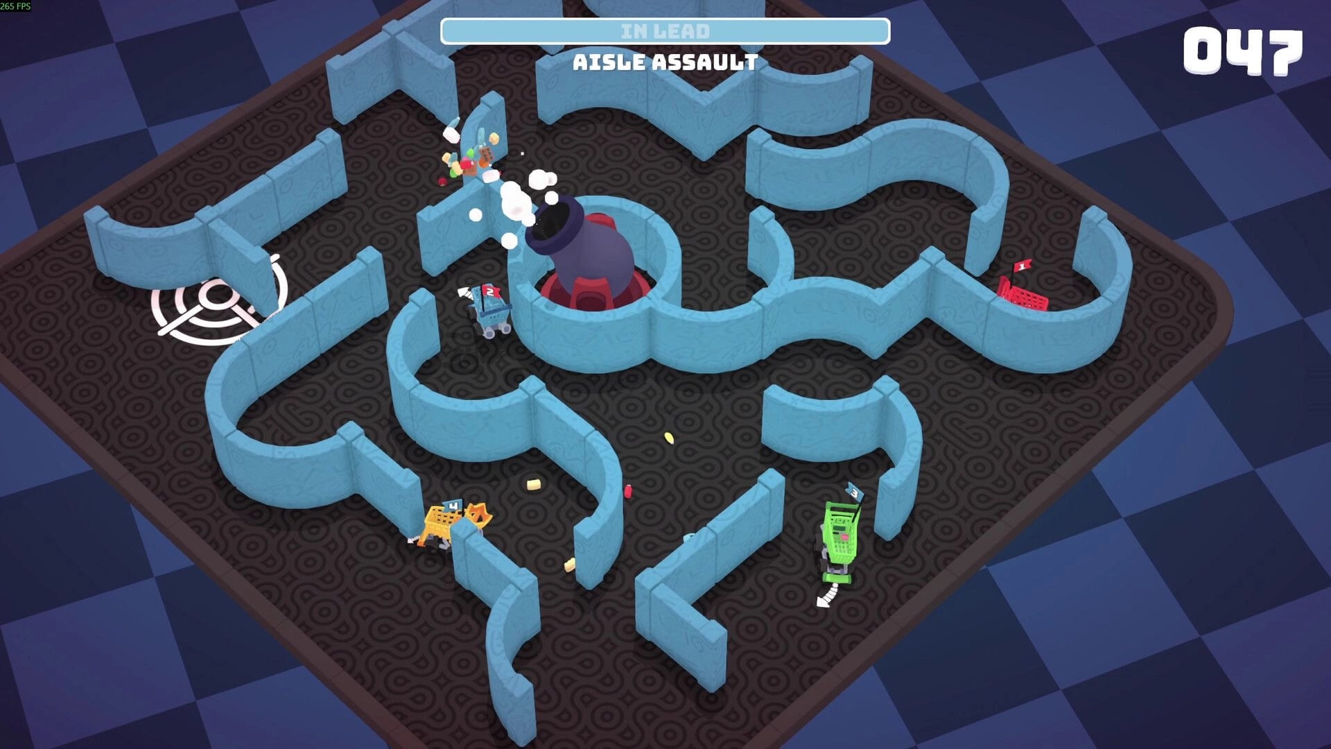 BrawlMart: Players navigate a maze with carts in the Aisle Assault minigame, timer showing 47 seconds left.