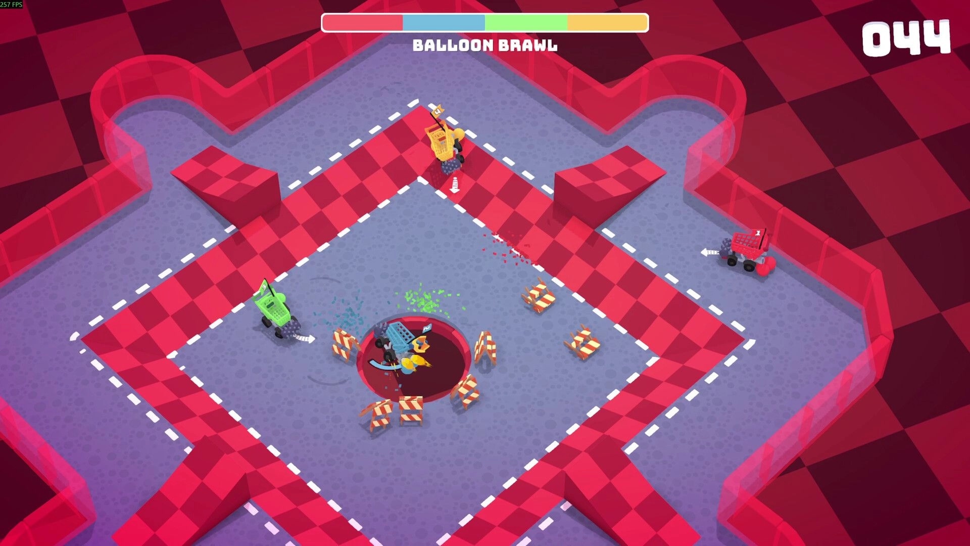 BrawlMart: Balloon Brawl gameplay with three carts inside a red maze arena, score at 044 seconds