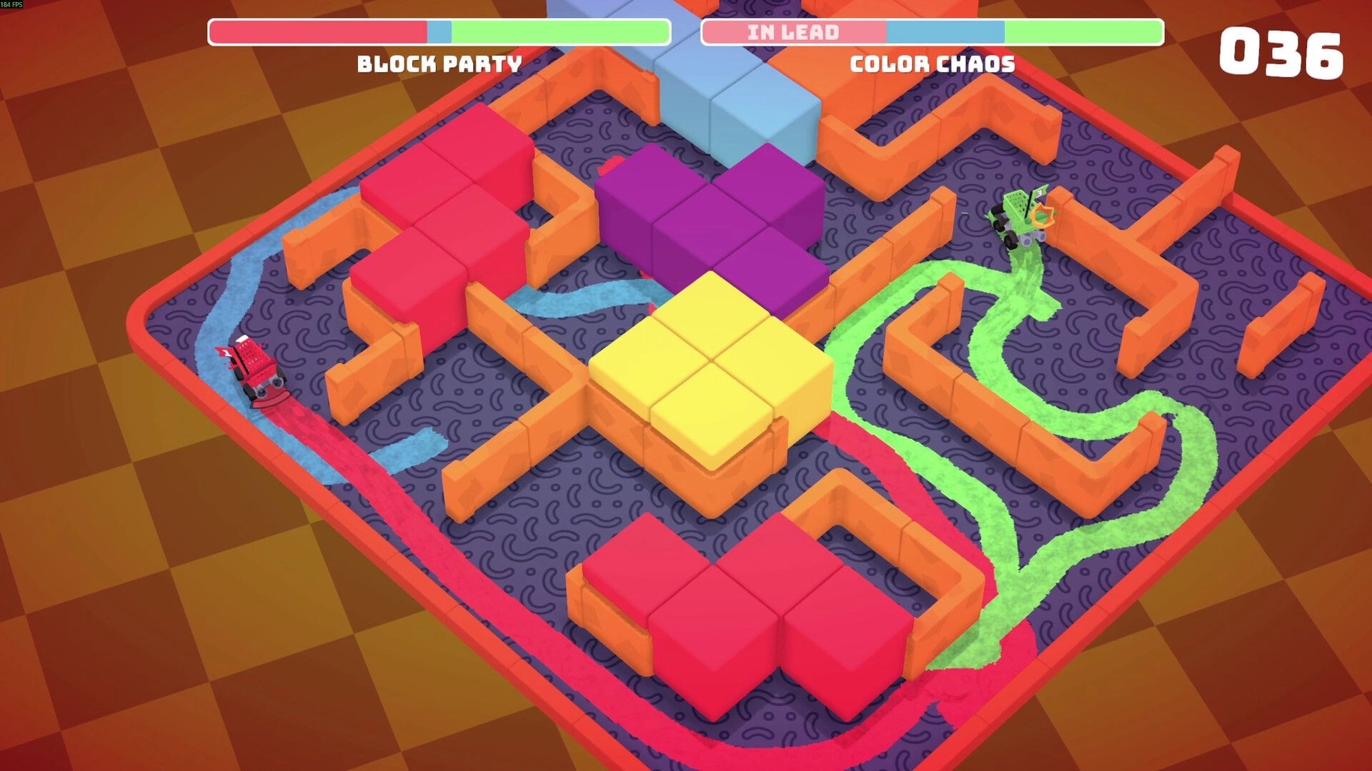 BrawlMart: Two players race carts through a colorful maze, leaving red and green paint trails behind.