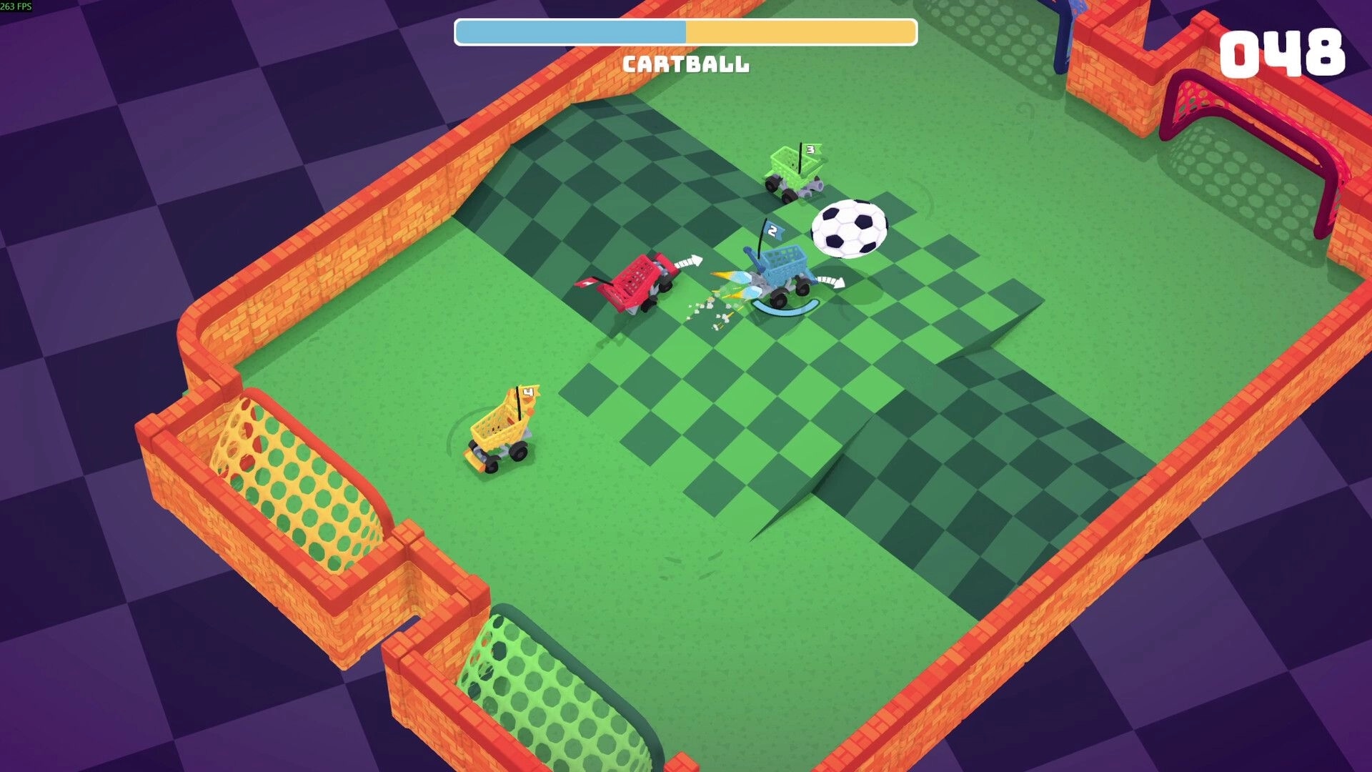 BrawlMart: Four carts playing soccer on a green checkered field, competing to score in colorful goals