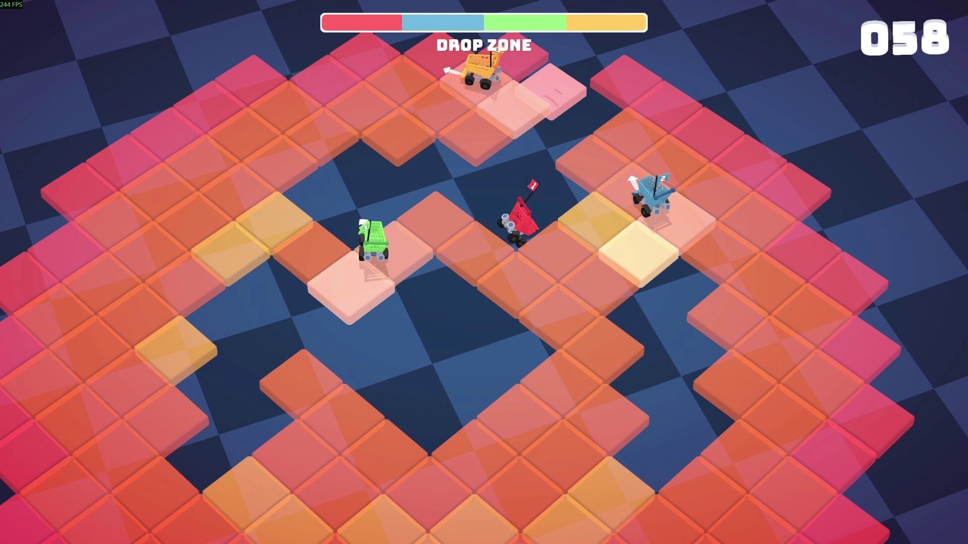 BrawlMart: Colorful carts navigate a tiled arena with a drop zone indicator and countdown timer.