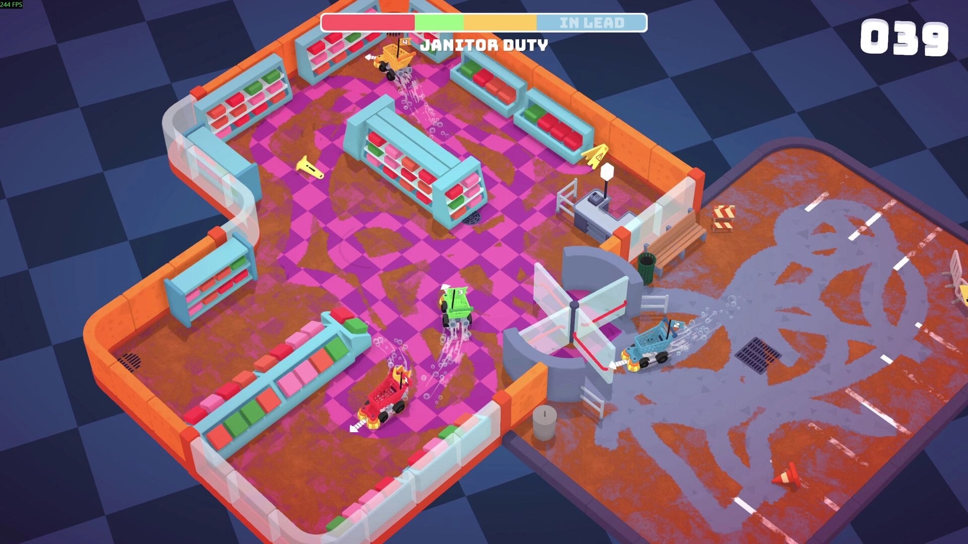 BrawlMart: Players in shopping carts race through a colorful store during the "Janitor Duty" minigame.