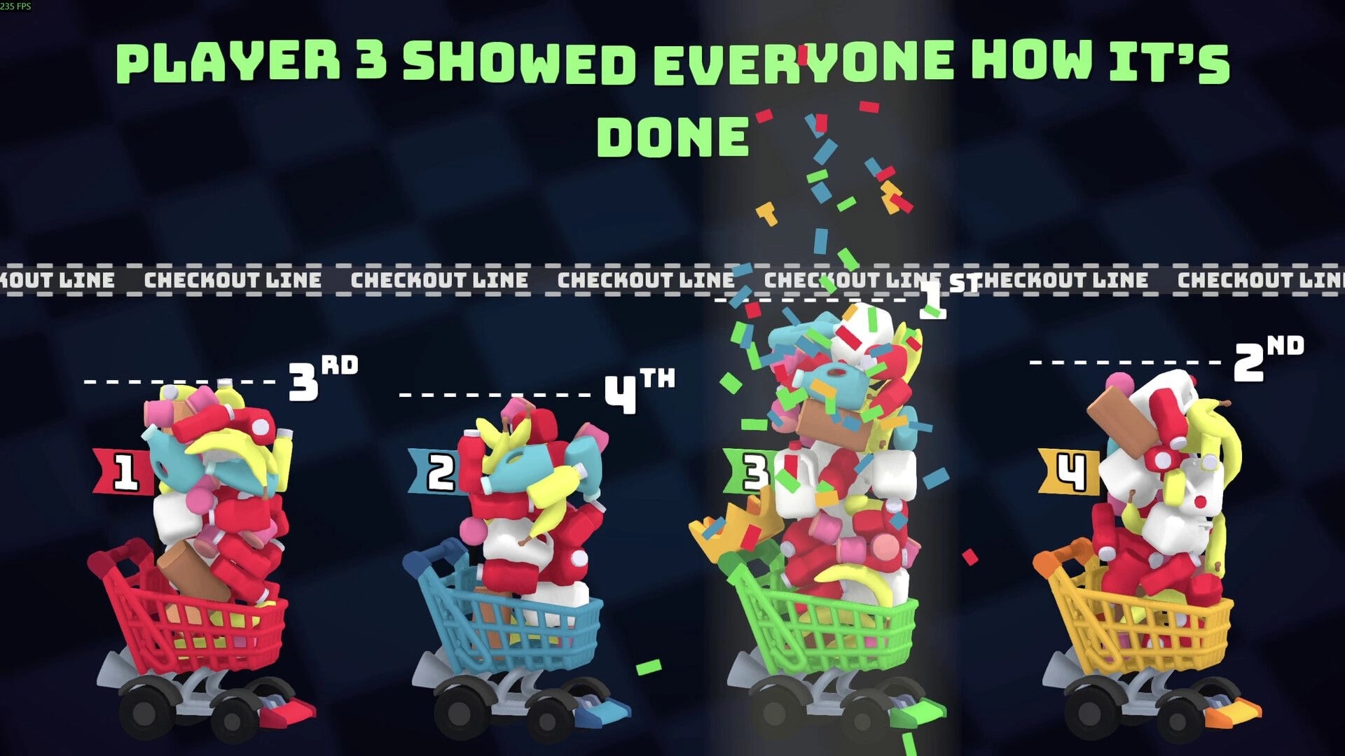 BrawlMart: Player 3 wins with overflowing cart as confetti falls, checkout line in party game finale