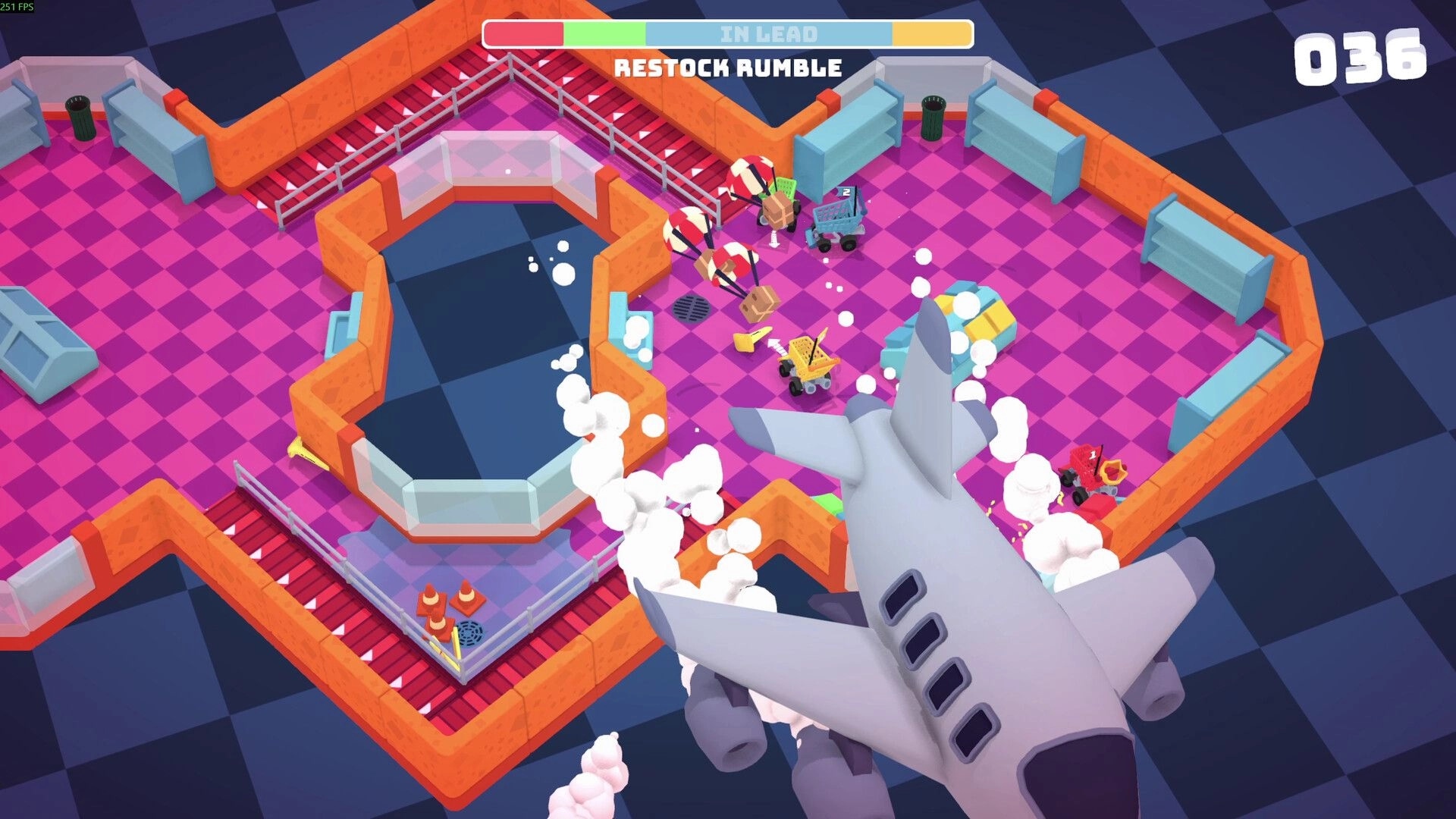 BrawlMart: Chaos in Restock Rumble with players crashing carts and a plane in a colorful store arena