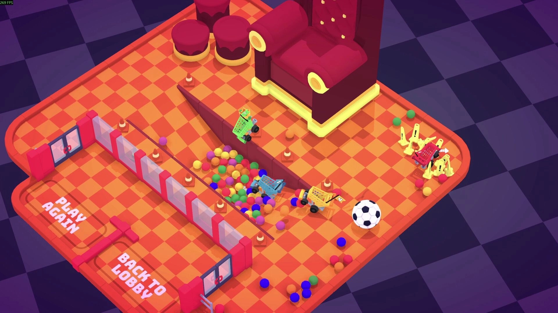BrawlMart: Players crash carts on an orange checkered floor with colorful balls and a giant red chair.