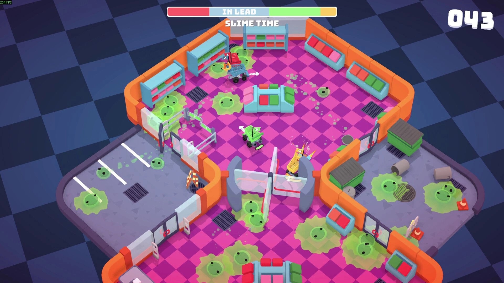 BrawlMart: Chaos in a slime-covered store with players racing carts through aisles and obstacles