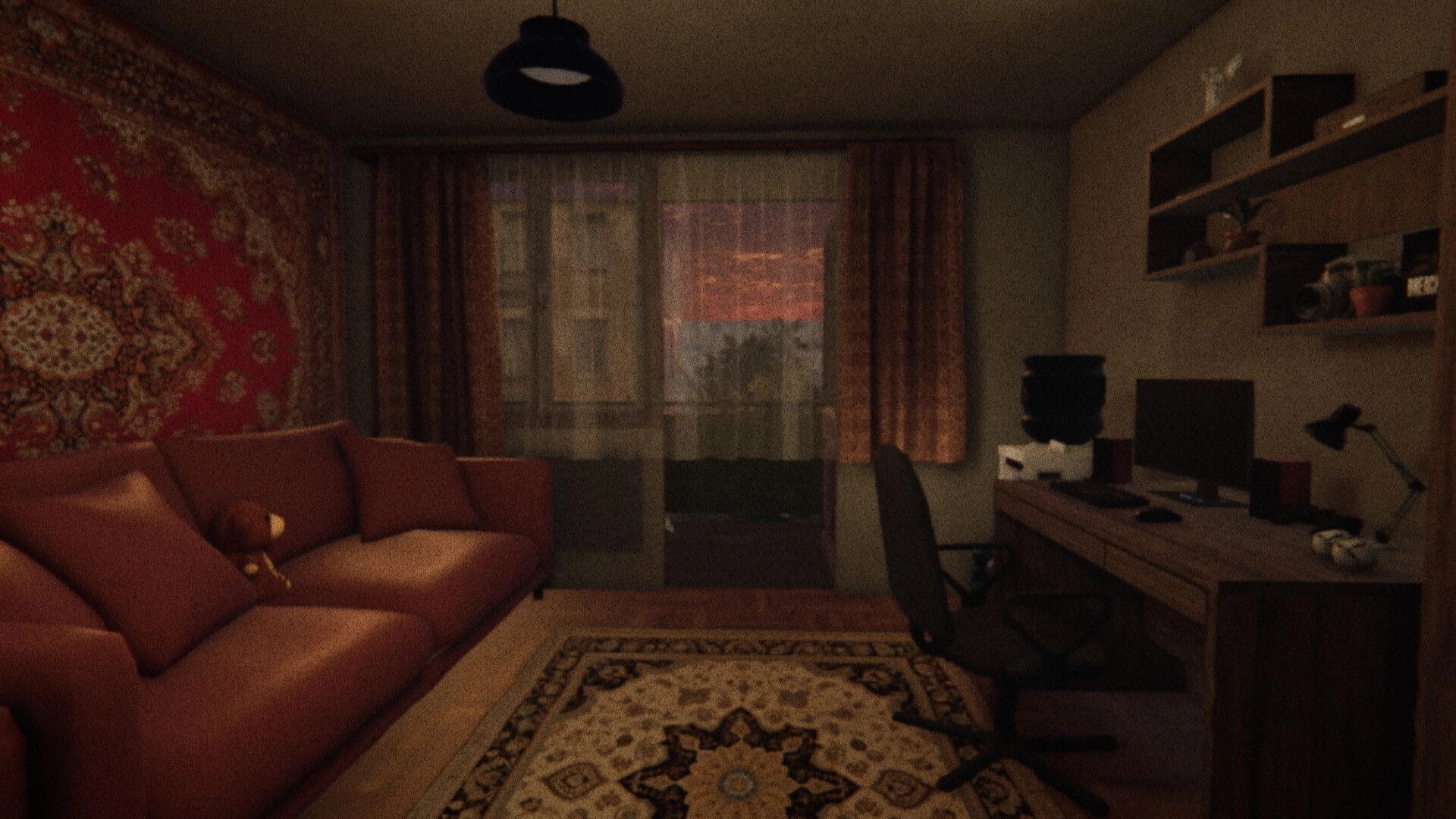 BREACHED: First-person view of a dim apartment room with sofa, desk PC, and curtained balcony door.
