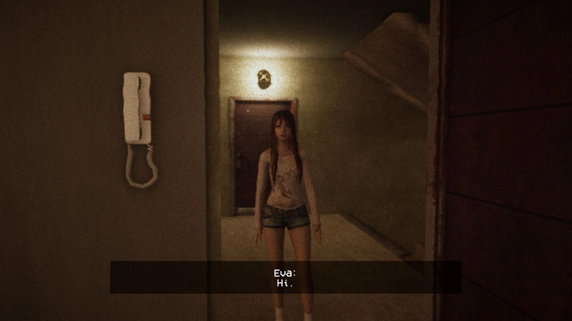 BREACHED: Eva stands in a dim hallway by a door, subtitles read "Eva: Hi" in grainy VHS lighting.