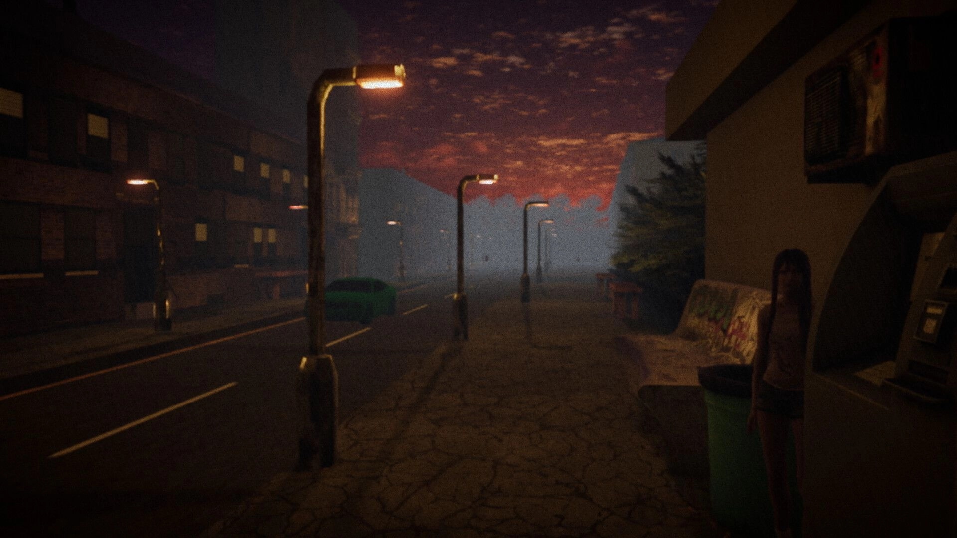 BREACHED: Foggy street with lit lampposts and parked car outside apartment blocks at sunset.