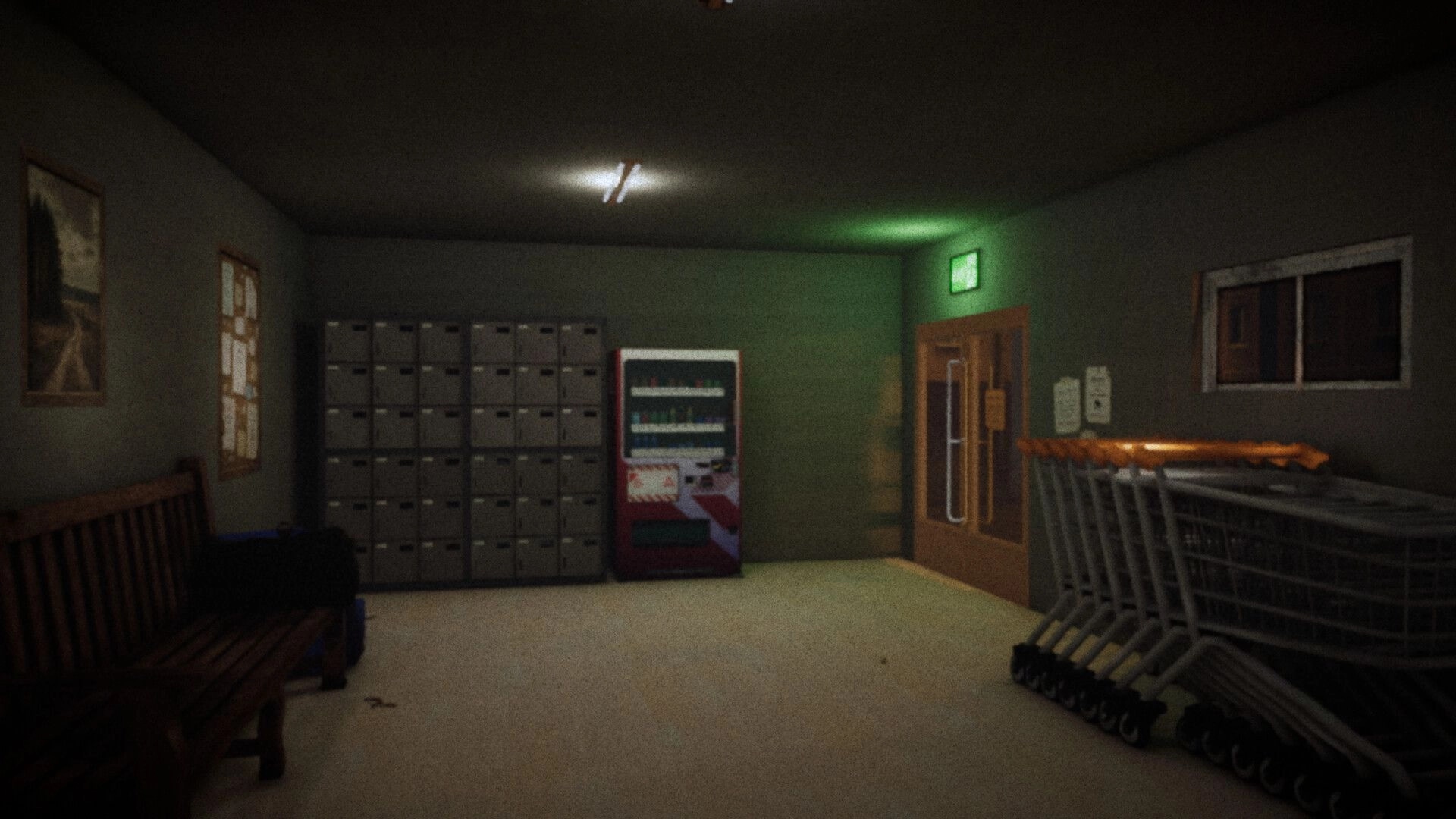 BREACHED: Empty corridor with lockers and a vending machine beside exit door and stacked carts indoors.