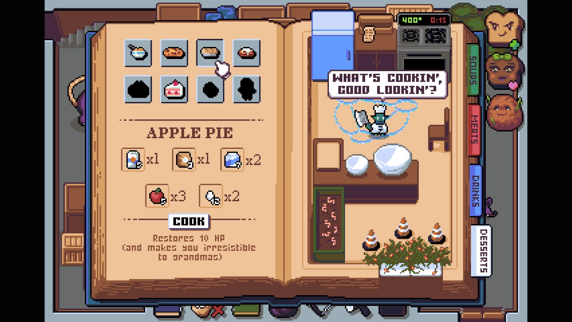 Breadventure: Recipe book cooking menu for Apple Pie with ingredient icons beside a kitchen counter scene.
