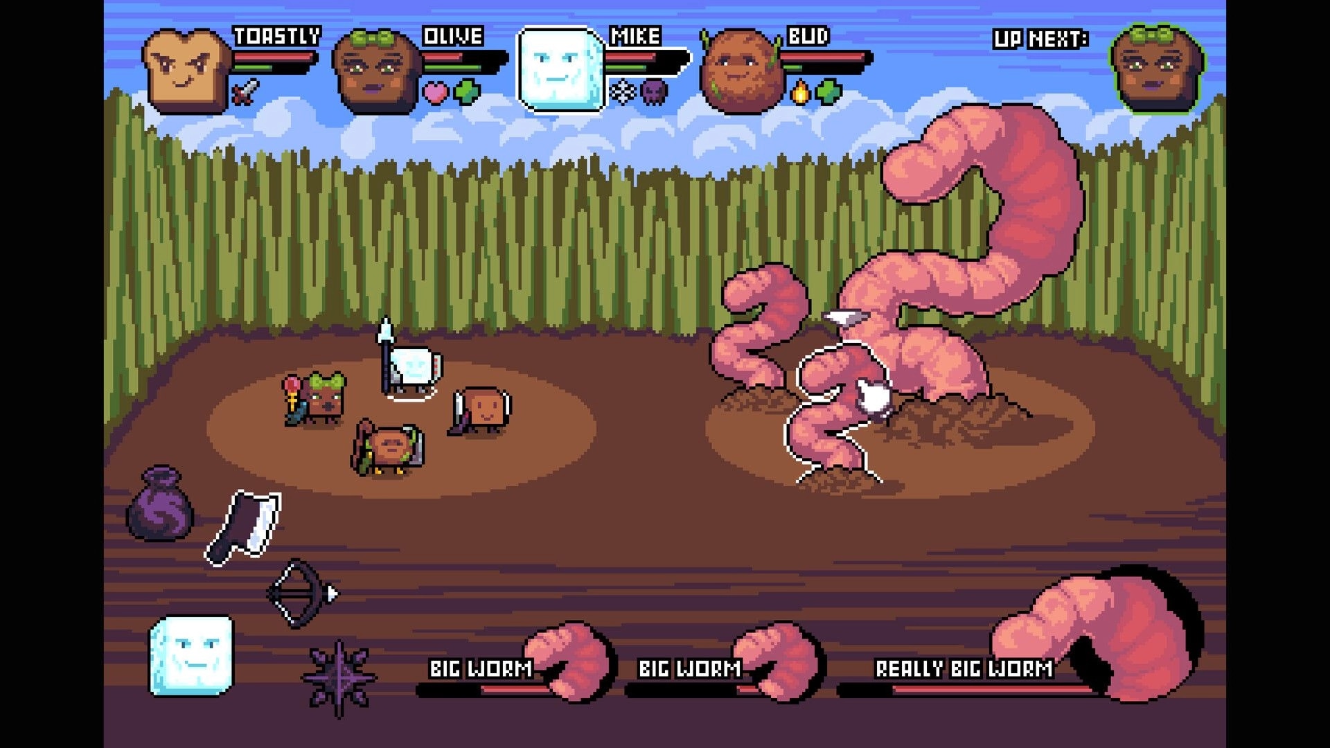 Breadventure: Turn-based battle UI with Toastly, Olive, Mike, and Bud facing big worms in a field.