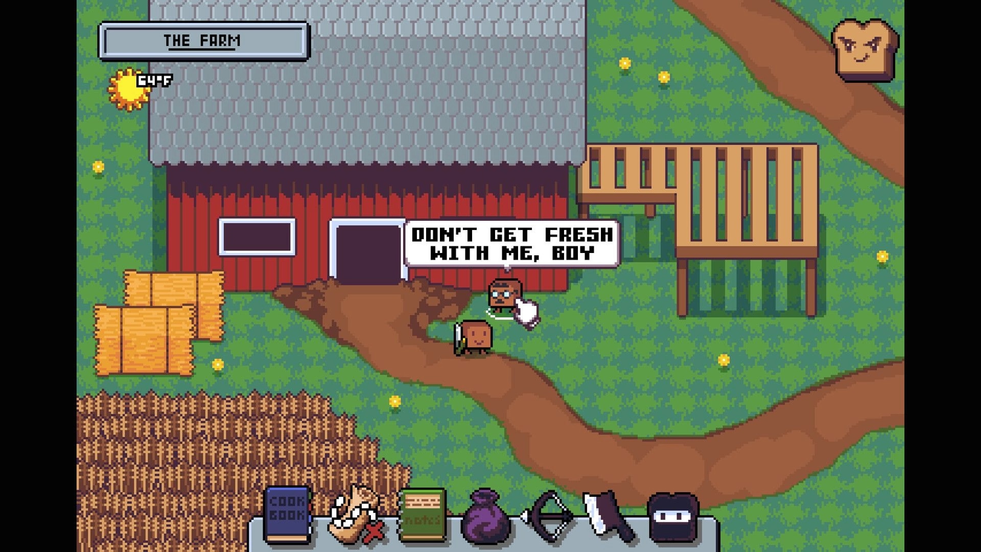 Breadventure: Loaf hero talks to a farmer NPC at The Farm, beside a red barn and hay bales.
