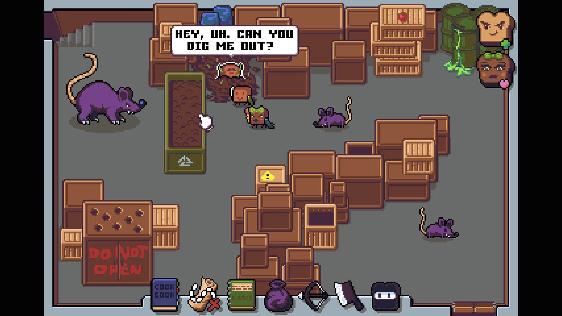 Breadventure: Party explores crate-filled warehouse as NPC asks for help digging out, rats nearby.