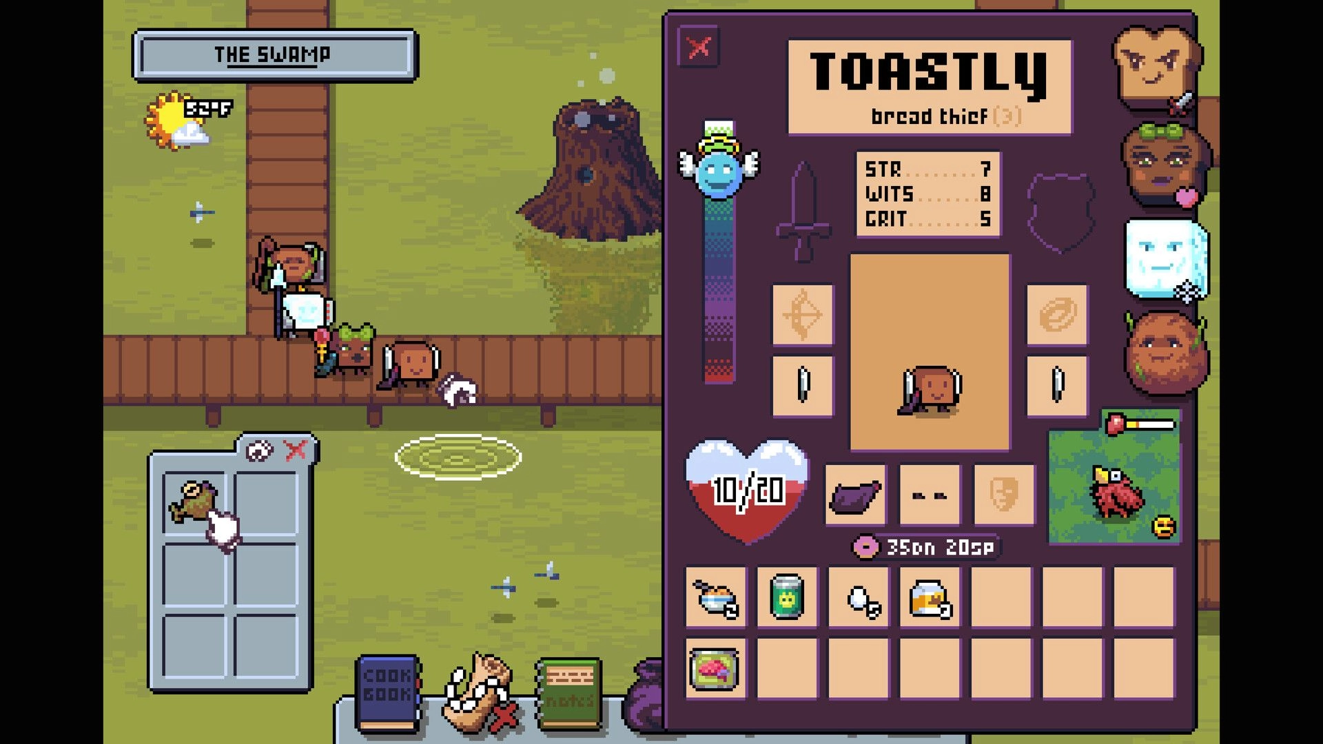 Breadventure: Toastly character stats and inventory panel open beside party on a swamp boardwalk.