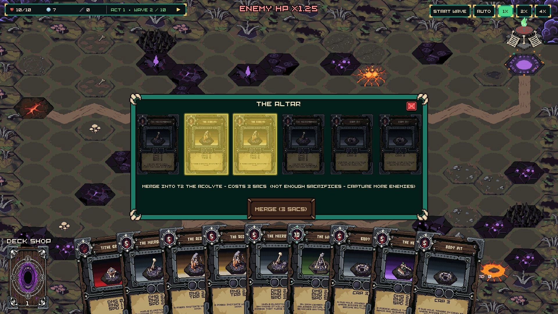 Break Of Dawn: Altar merge menu over hex map with card hand and Start Wave controls on top bar.