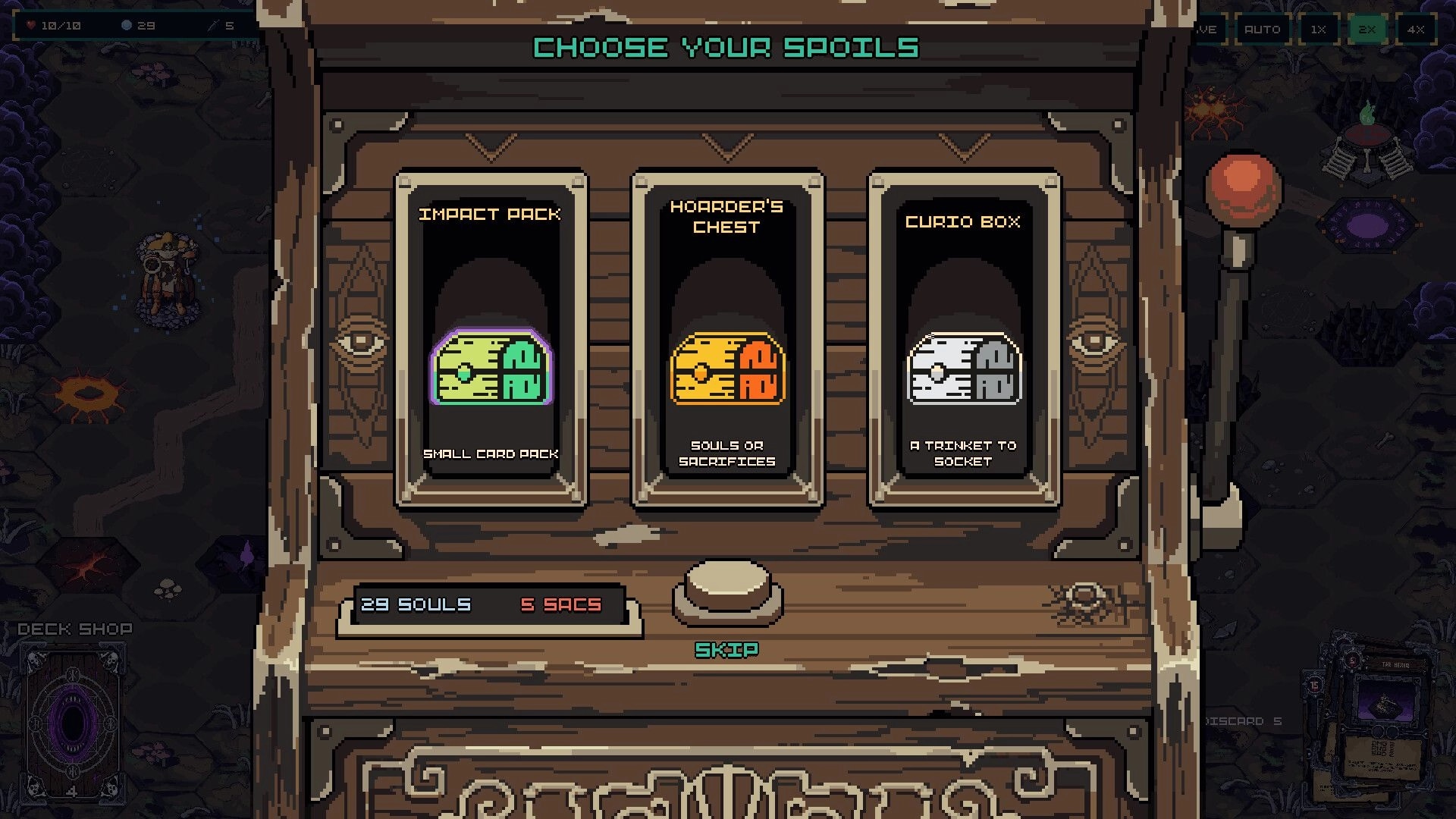 Break Of Dawn: Choose Your Spoils reward screen with three chests over a dim hex-grid battlefield backdrop.