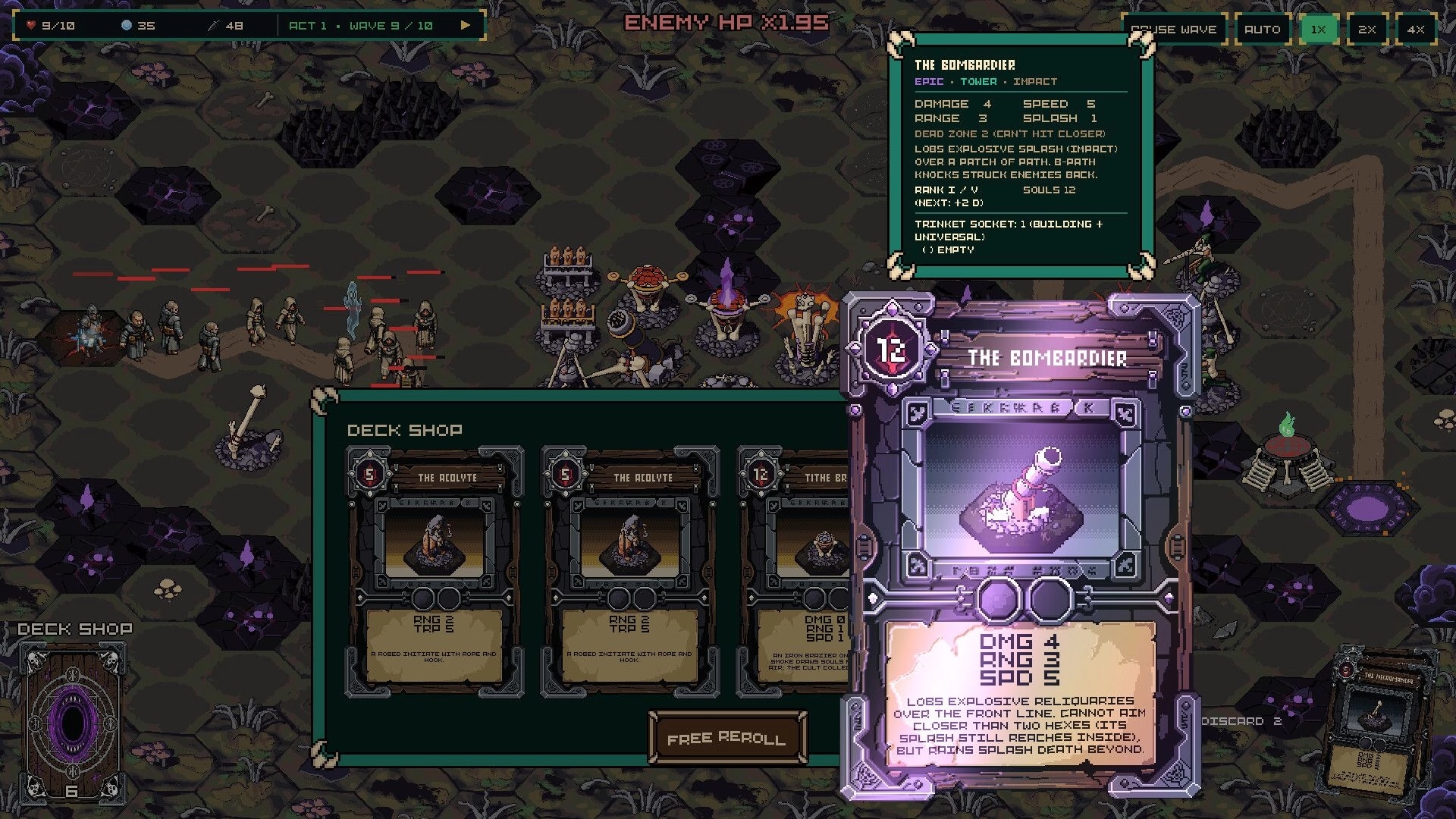 Break Of Dawn: Deck Shop open with The Bombardier card details over hex battlefield and enemy wave UI.