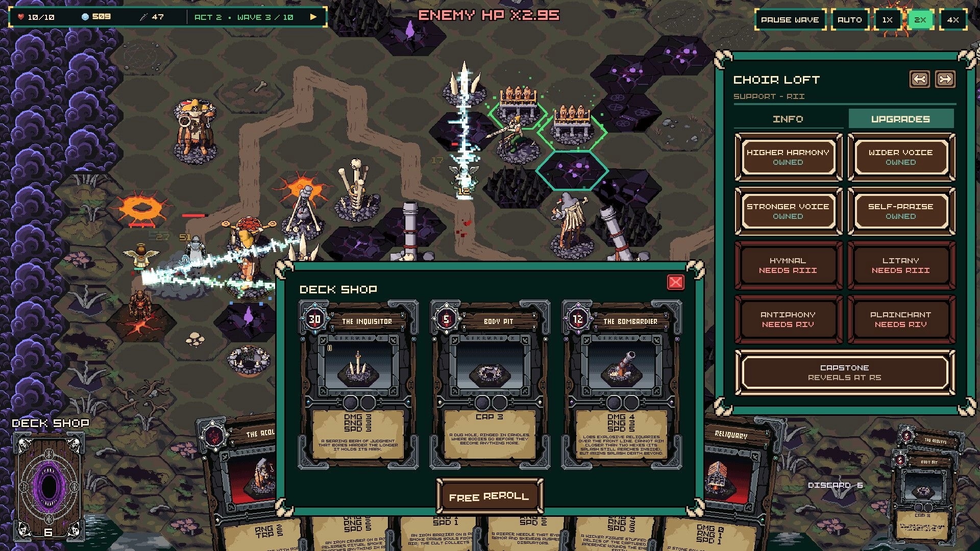 Break Of Dawn: Deck Shop card choices and Choir Loft upgrades over hex-grid battlefield during wave 3.