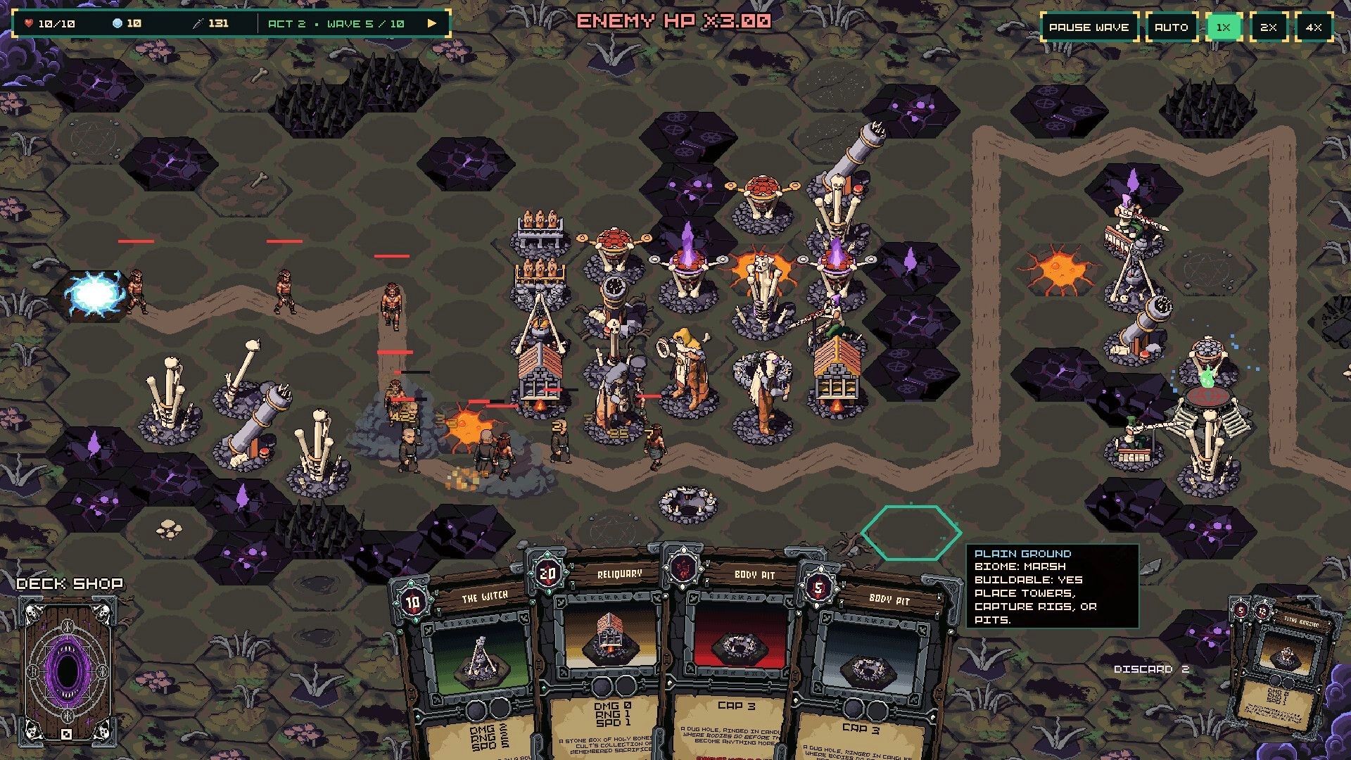 Break Of Dawn: Towers fire on marching enemies while card hand is open on a hex-grid marsh map.