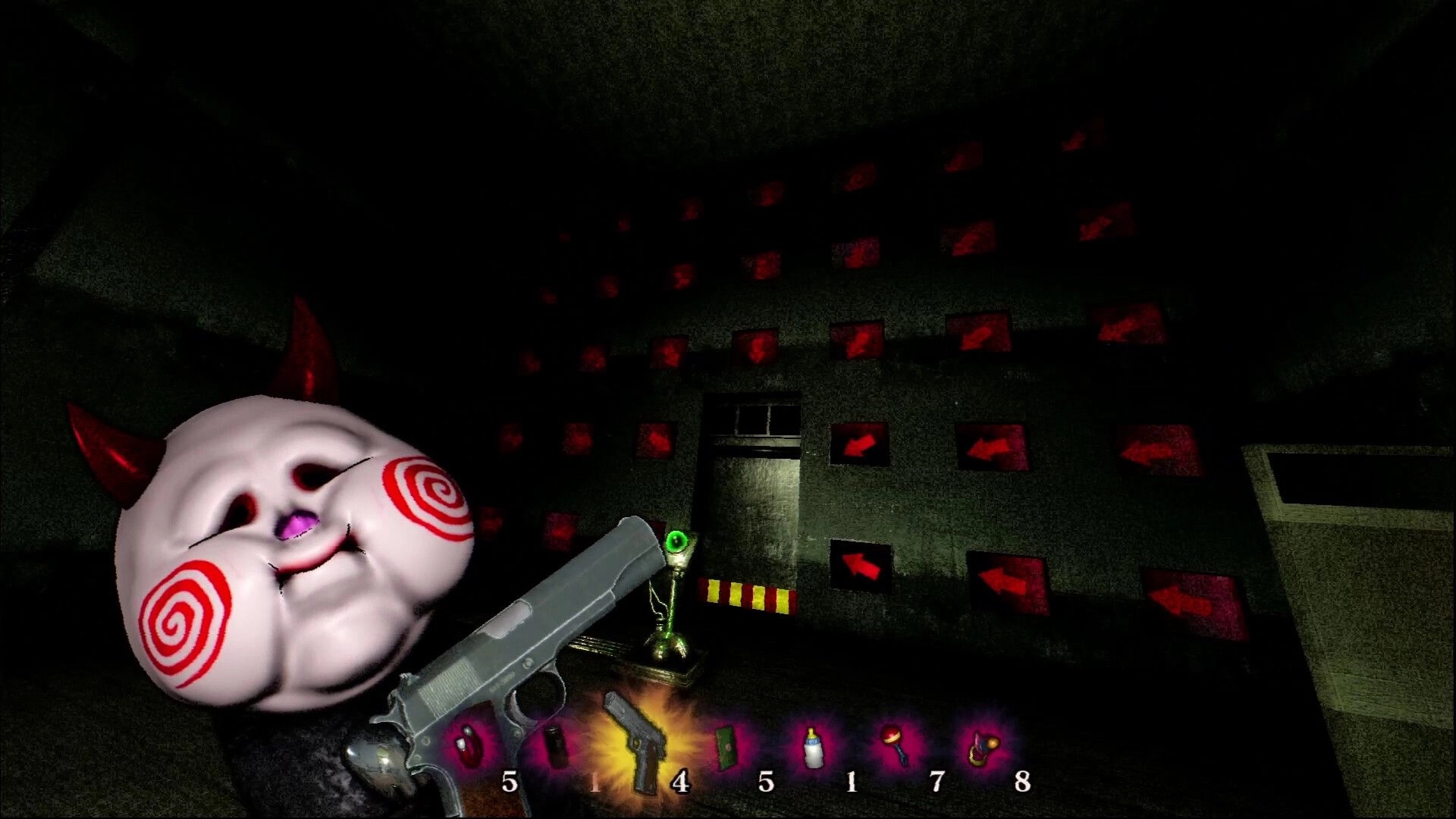 BREAKOUT BABY: First-person view holding pistol beside giant pig mask in dark maze with red arrows UI bar.