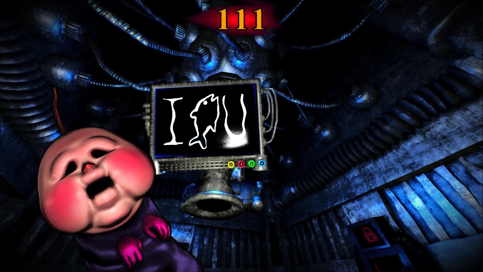 BREAKOUT BABY: Crying baby beside monitor reading I U, with 111 score in a dark, wired tunnel room.