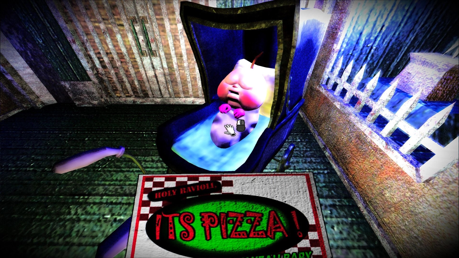 BREAKOUT BABY: First-person view holding pizza box beside crying baby in stroller by barred window.