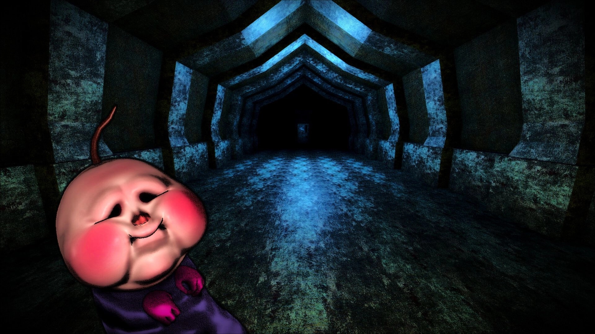 BREAKOUT BABY: Baby face fills corner while moving through a blue-lit concrete tunnel into darkness.