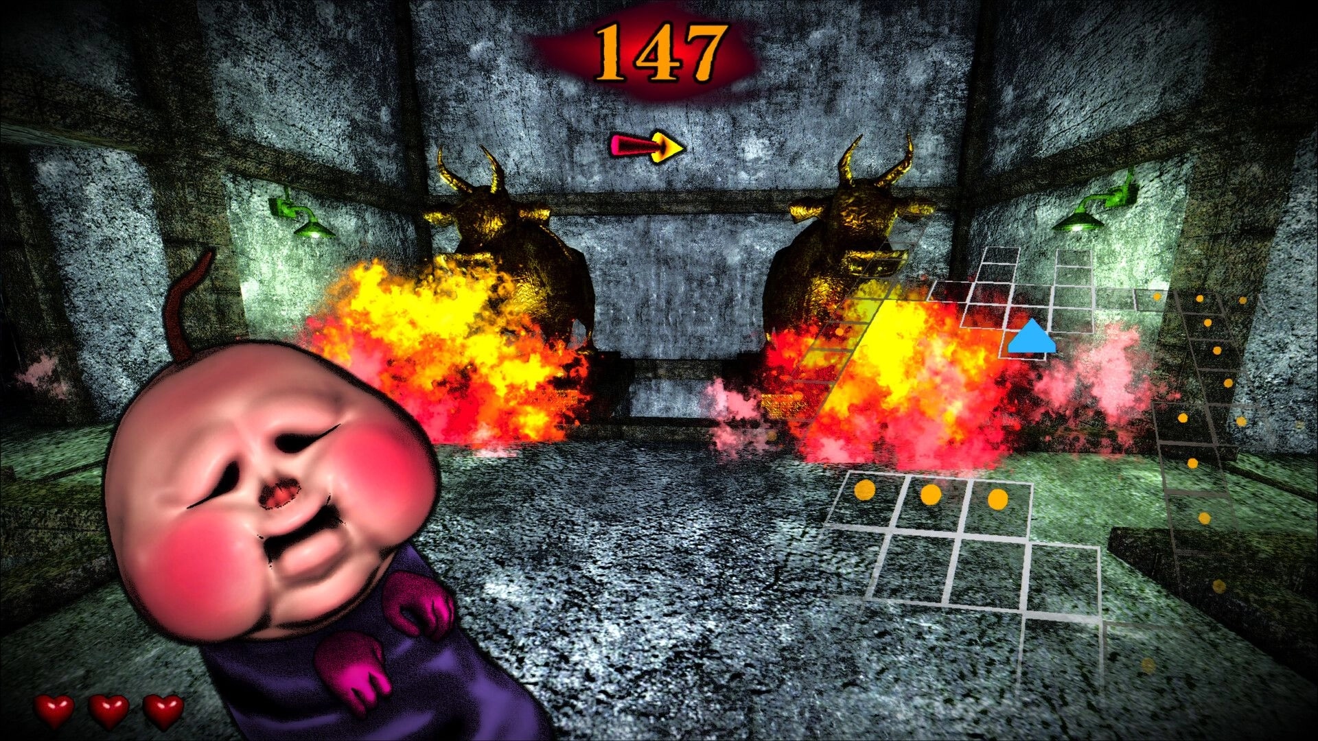 BREAKOUT BABY: Crying baby HUD with hearts, score 147, flames and horned statues in stone room.