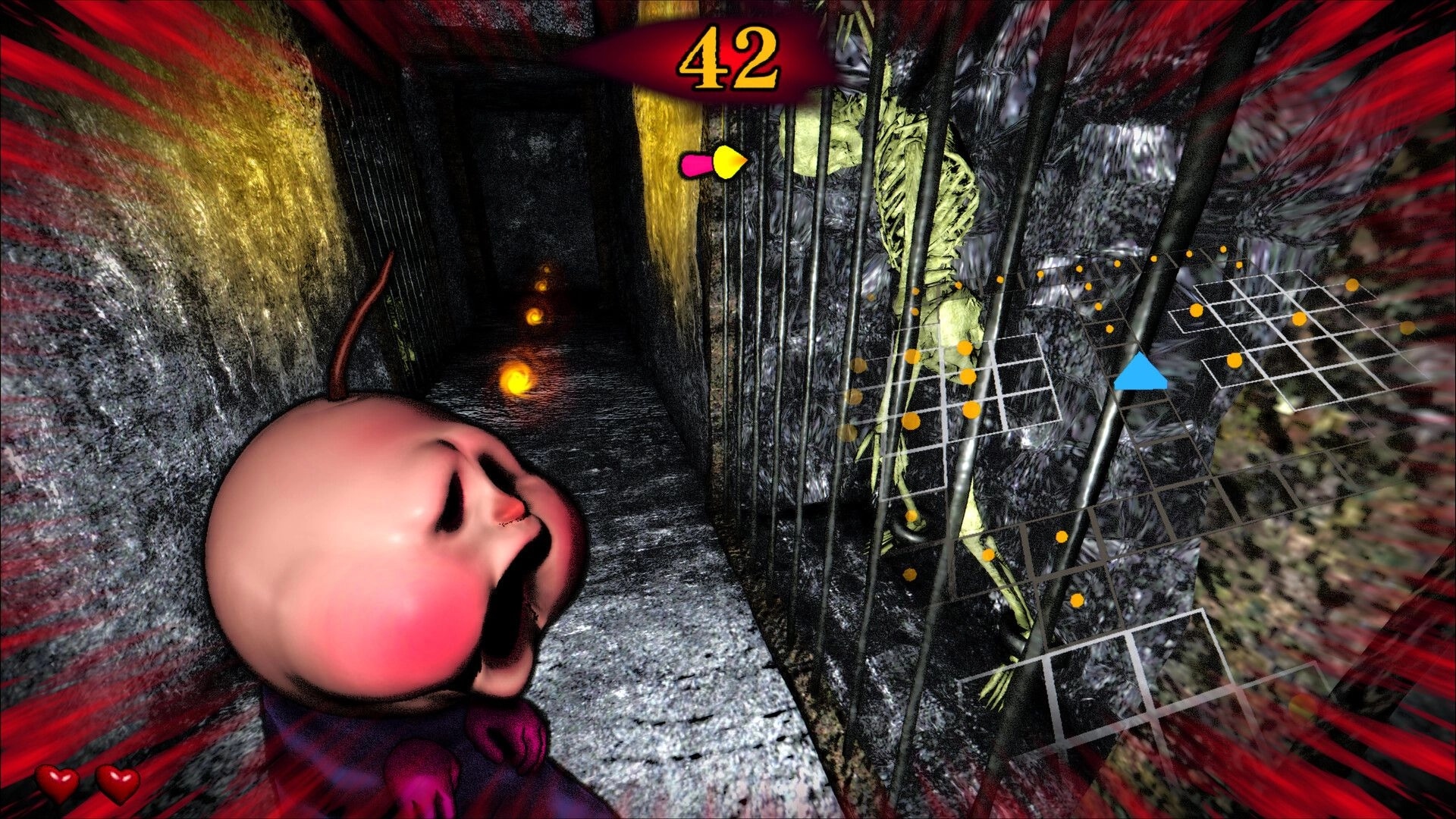 BREAKOUT BABY: Baby held in first-person near barred skeleton, pellets ahead, timer 42 and hearts HUD.