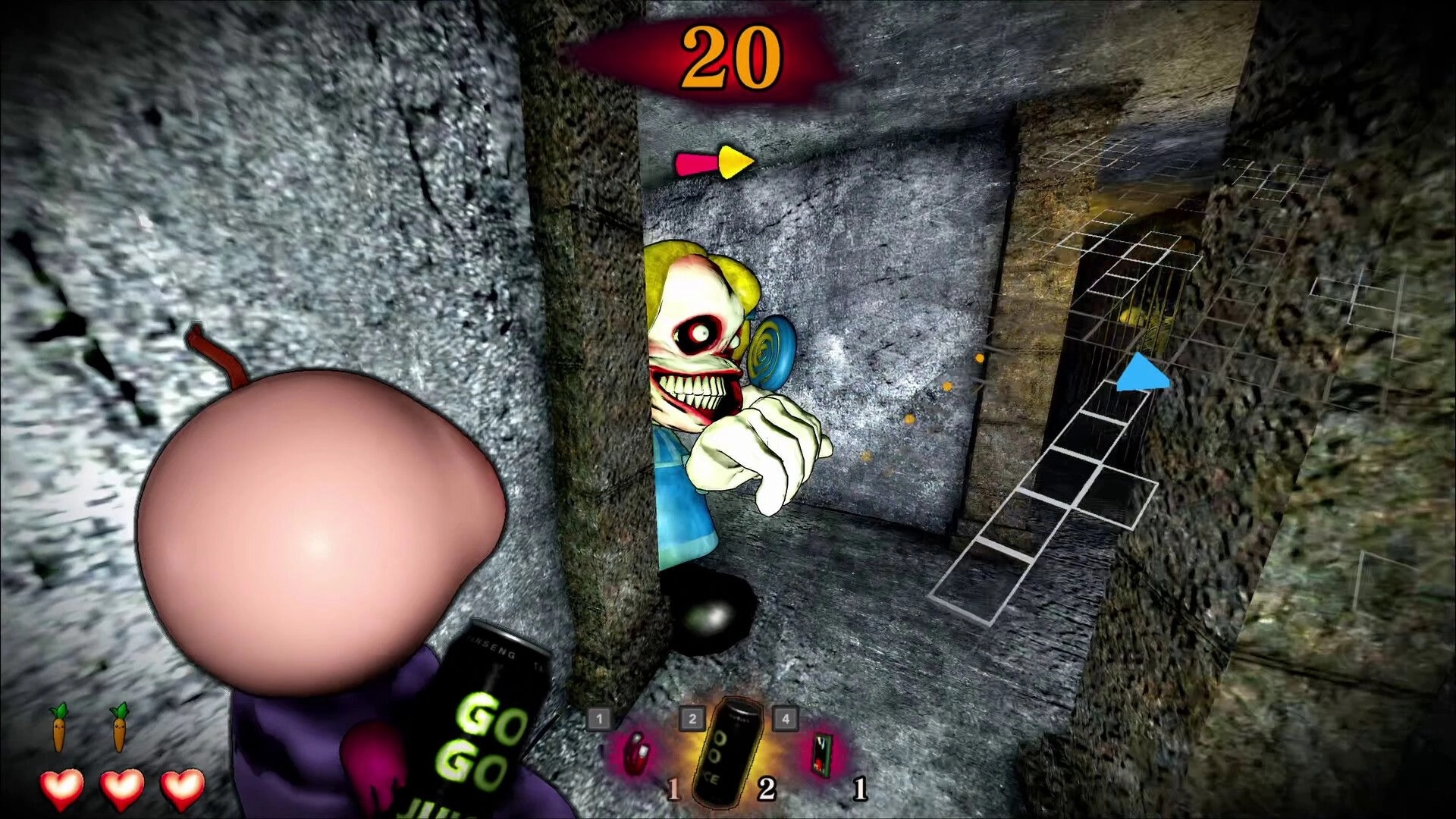 BREAKOUT BABY: Monster peeks around corner in stone tunnel, timer 20, hearts and item bar visible.