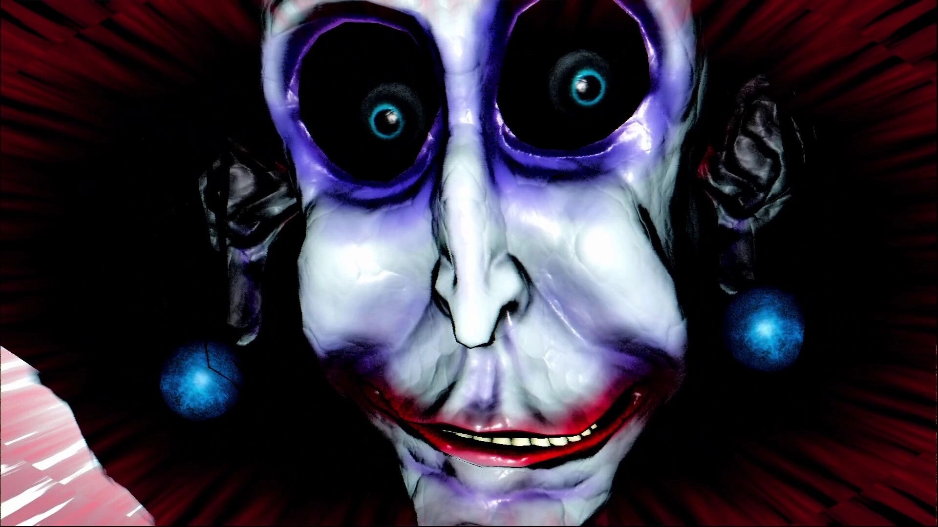 BREAKOUT BABY: Giant creepy clown face fills the screen in a jump scare with red motion blur backdrop.