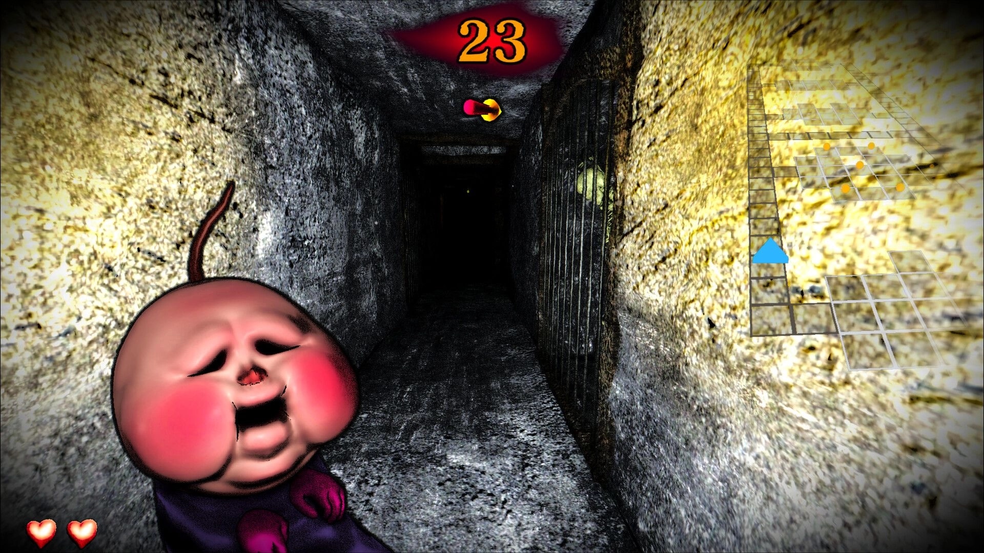 BREAKOUT BABY: Carrying a crying baby through a grimy tunnel, timer 23, minimap and two hearts visible.