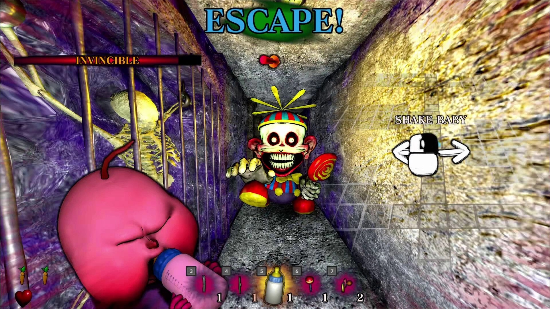 BREAKOUT BABY: Grinning toy monster blocks a narrow tunnel as ESCAPE and SHAKE BABY prompts appear.