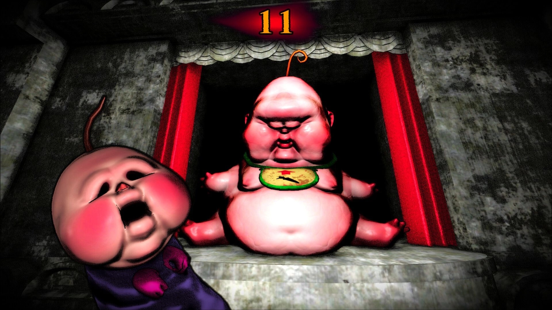 BREAKOUT BABY: Two grotesque babies on a stone stage with red curtains, round counter 11 overhead.