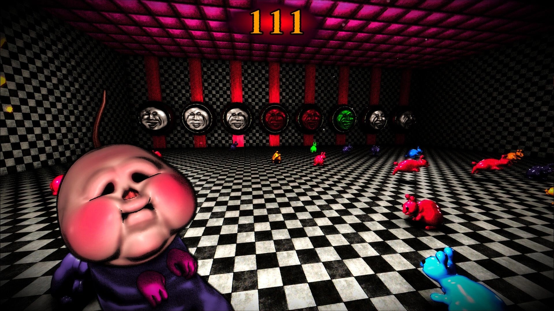 BREAKOUT BABY: Puffy-cheek baby in foreground, score 111, checkerboard room with colored mice and masks.