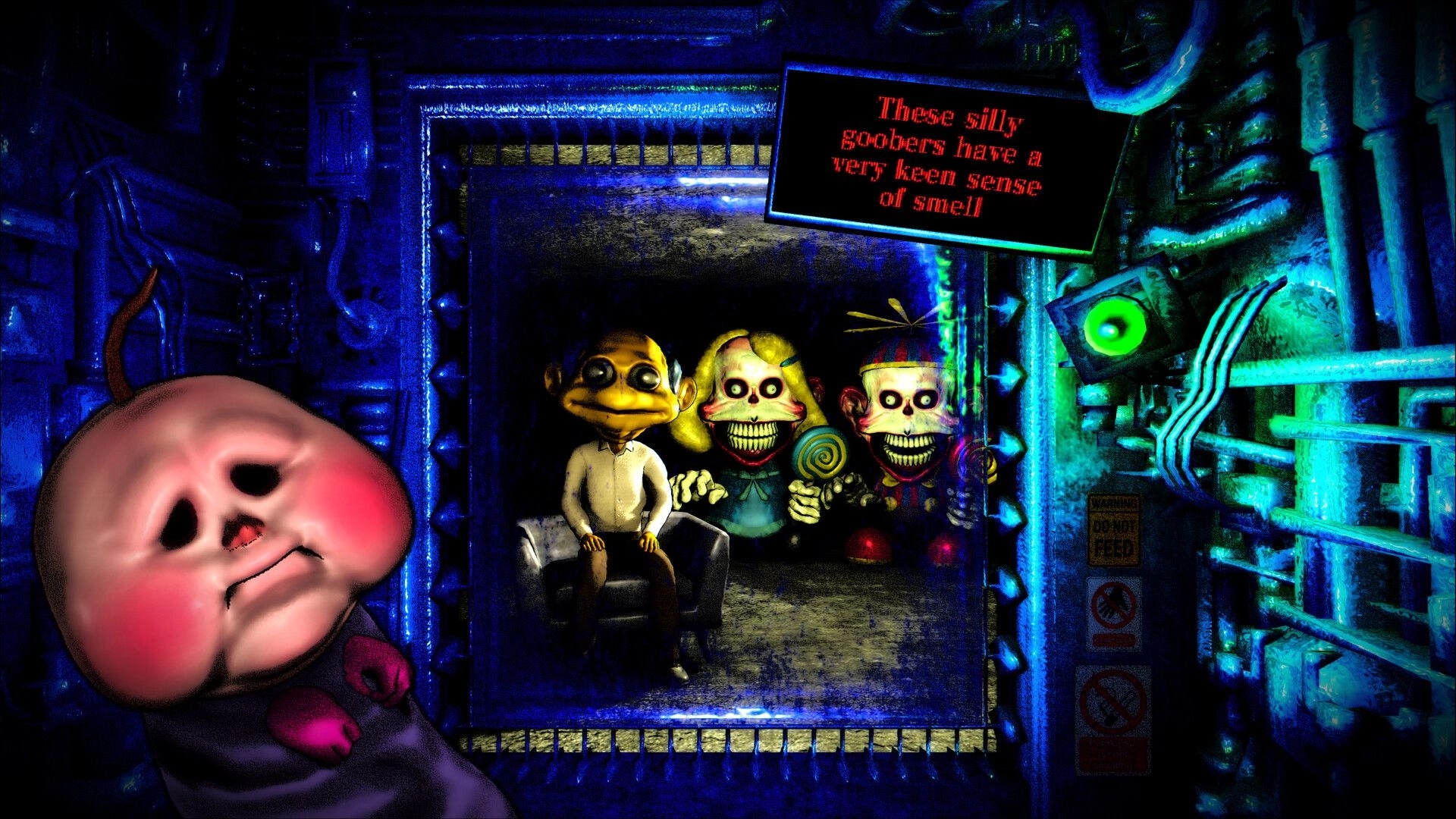 BREAKOUT BABY: Baby faces a glass cell with creepy toy figures and a red warning sign in blue lab corridor.