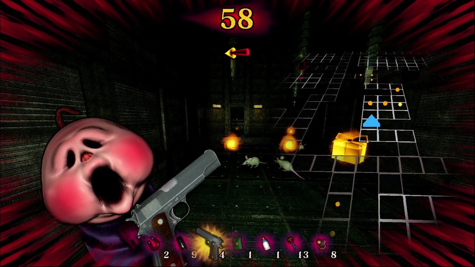 BREAKOUT BABY: First-person gunplay with baby face HUD, maze minimap and timer in dark corridor.