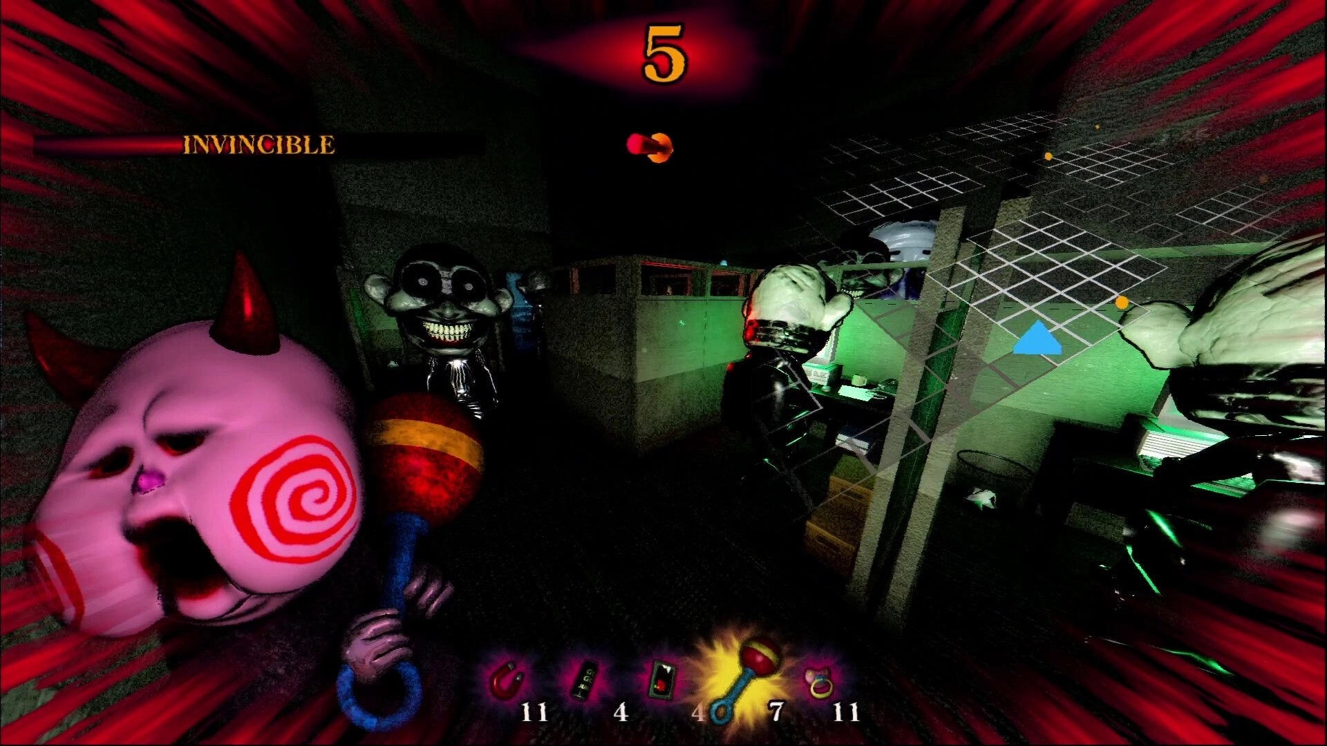 BREAKOUT BABY: Invincible countdown at 5 as monsters crowd a green-lit office maze with minimap HUD.