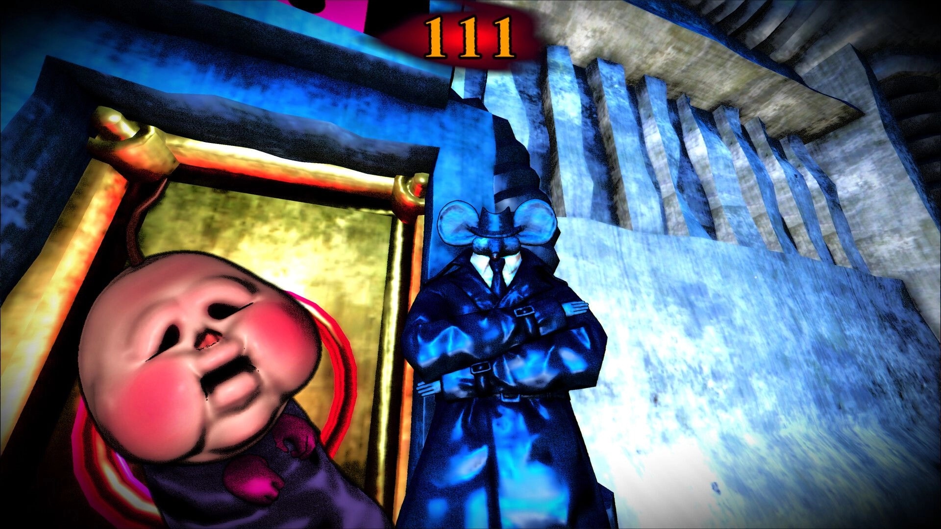 BREAKOUT BABY: Baby in a crib beside a trenchcoat mouse figure under stairs, score 111 at top.