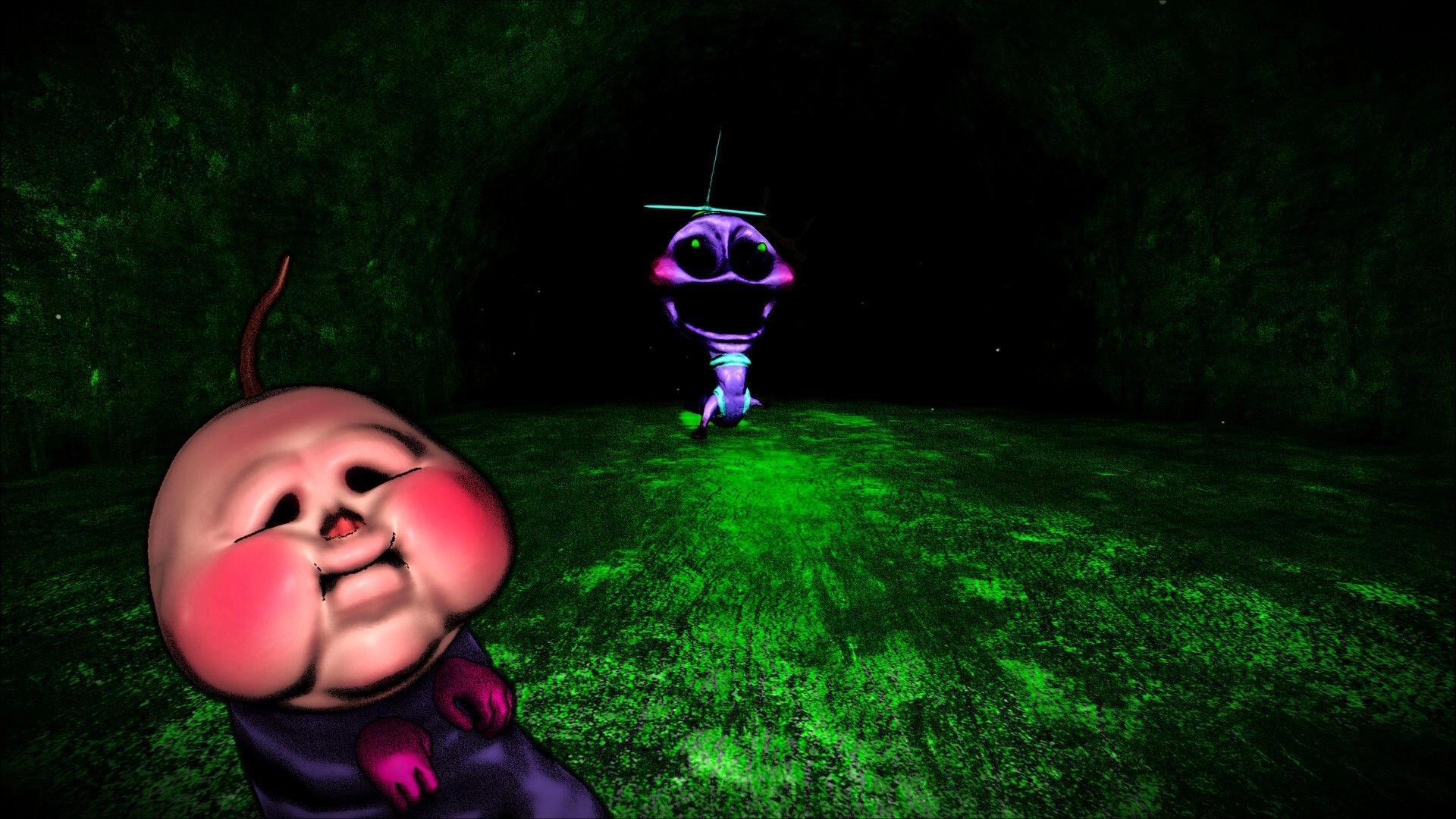 BREAKOUT BABY: Baby held in foreground as a purple monster approaches in a dark green tunnel corridor.