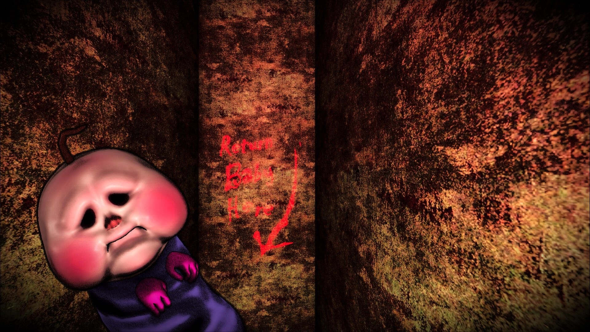 BREAKOUT BABY: Baby slumped in a grimy corner beside red graffiti reading Return Baby Here arrow on wall.