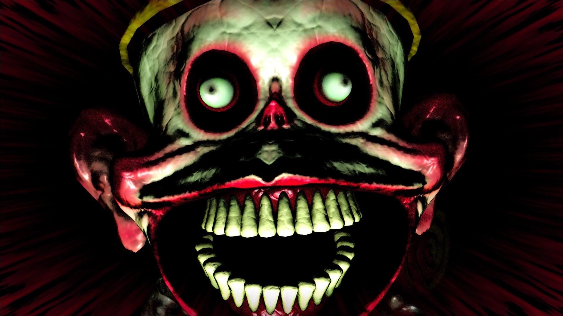 BREAKOUT BABY: Extreme close-up jump-scare of a grinning monster face with bulging eyes on red blur backdrop.