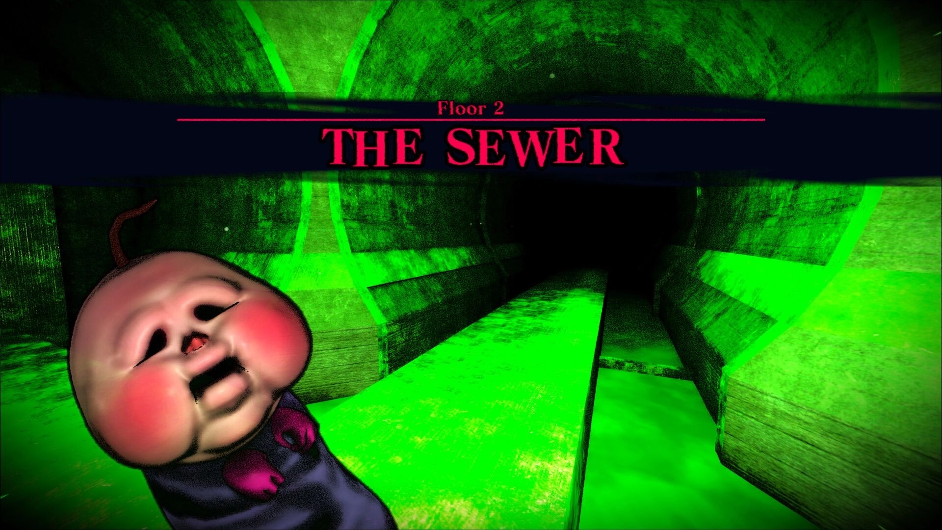 BREAKOUT BABY: Floor 2 title card "THE SEWER" over a neon-green tunnel, baby face in corner.