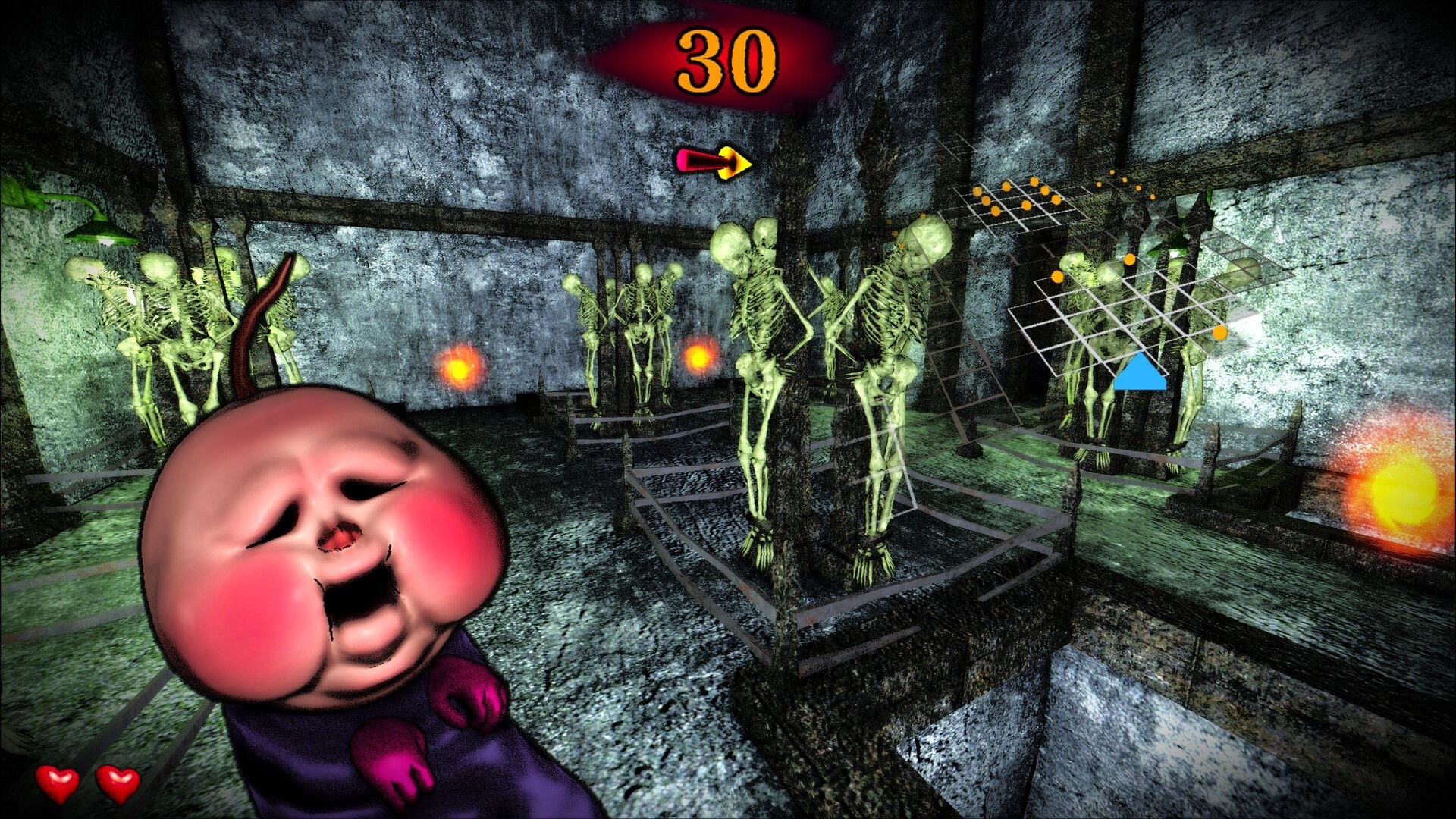BREAKOUT BABY: Crying baby HUD with 30 timer, facing skeletons and pellets in a grim stone maze.