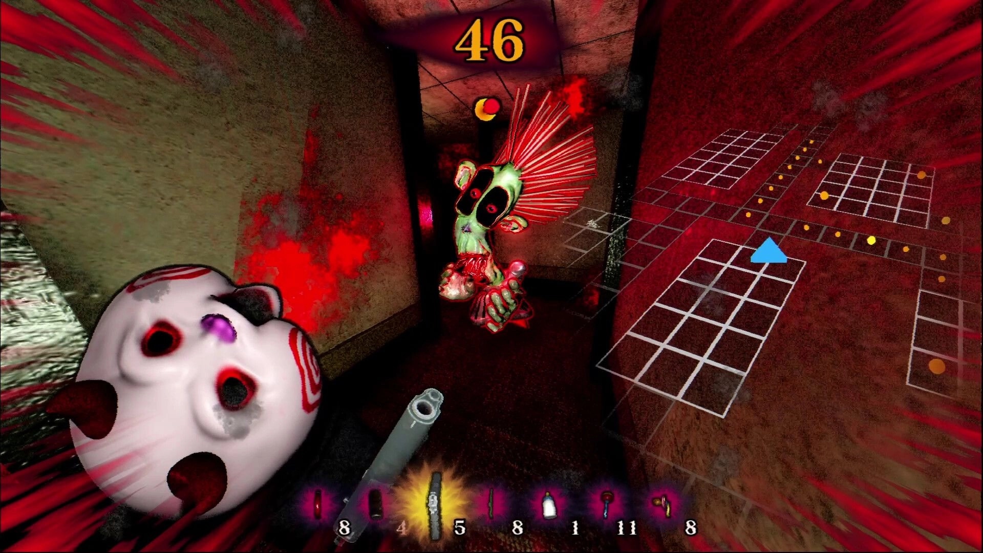 BREAKOUT BABY: First-person chase with spiky-headed monster in a red grid maze, timer 46 and item bar HUD.