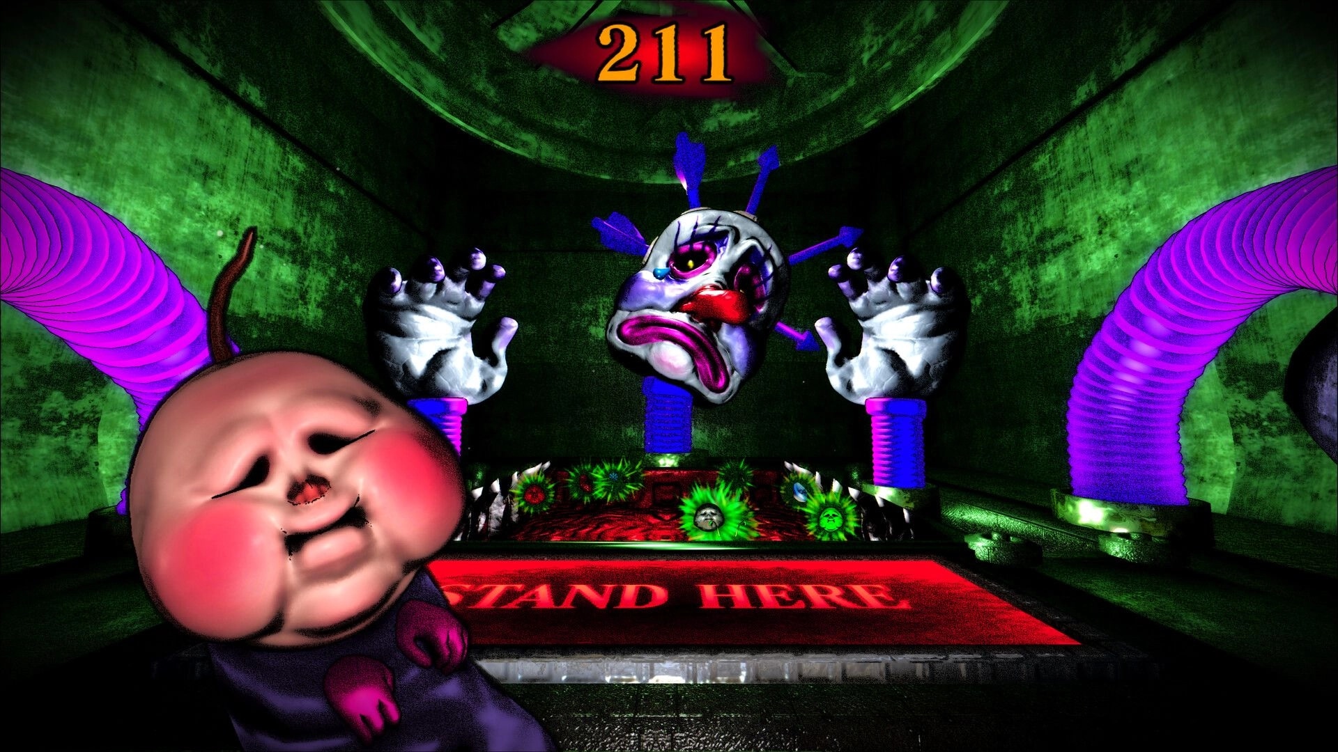 BREAKOUT BABY: Giant clown head and hands loom over a “STAND HERE” pad in green chamber, 211 score.