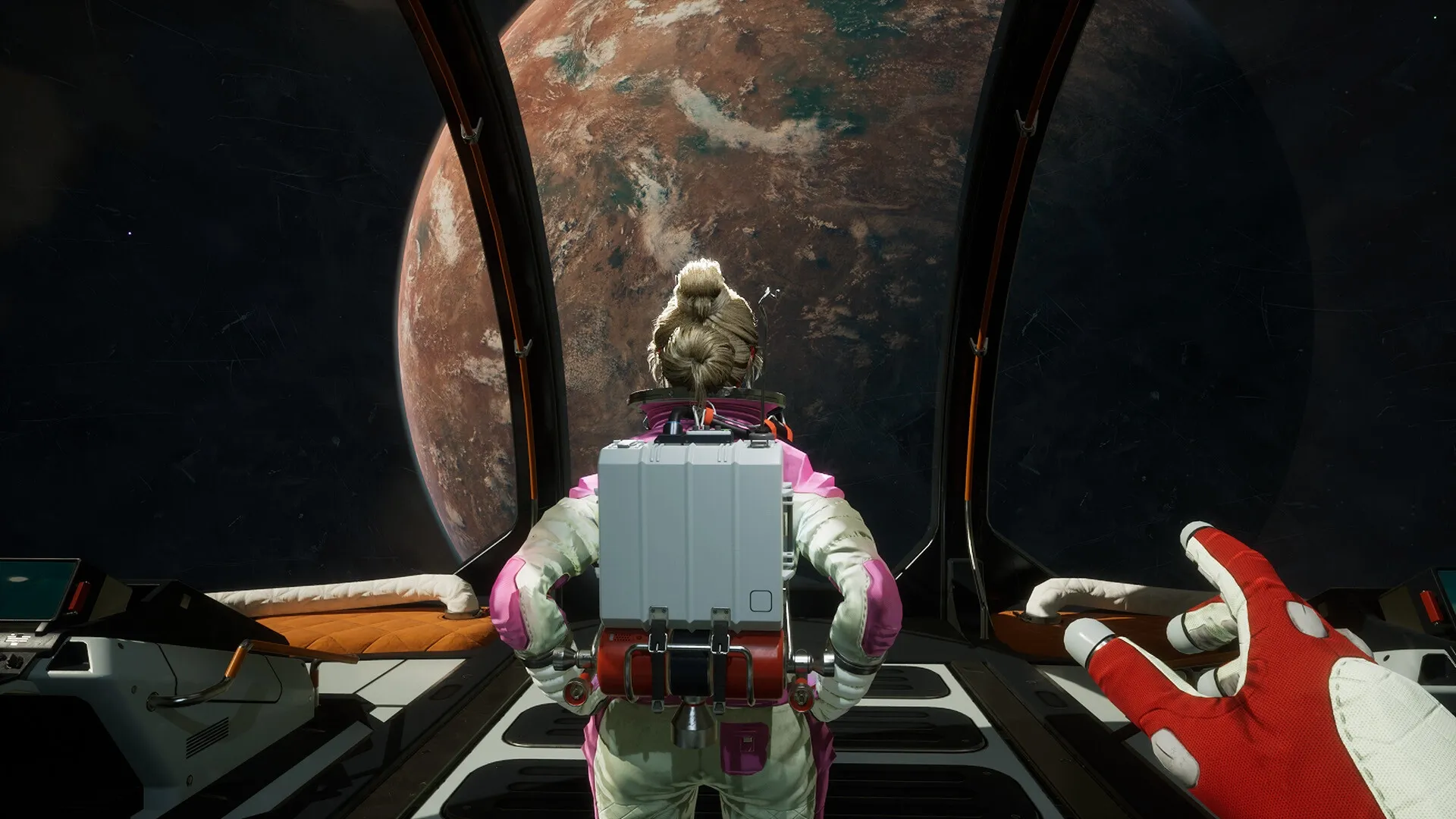 Breathedge 2: Astronaut gazing at planet through spaceship cockpit window in deep space environment.