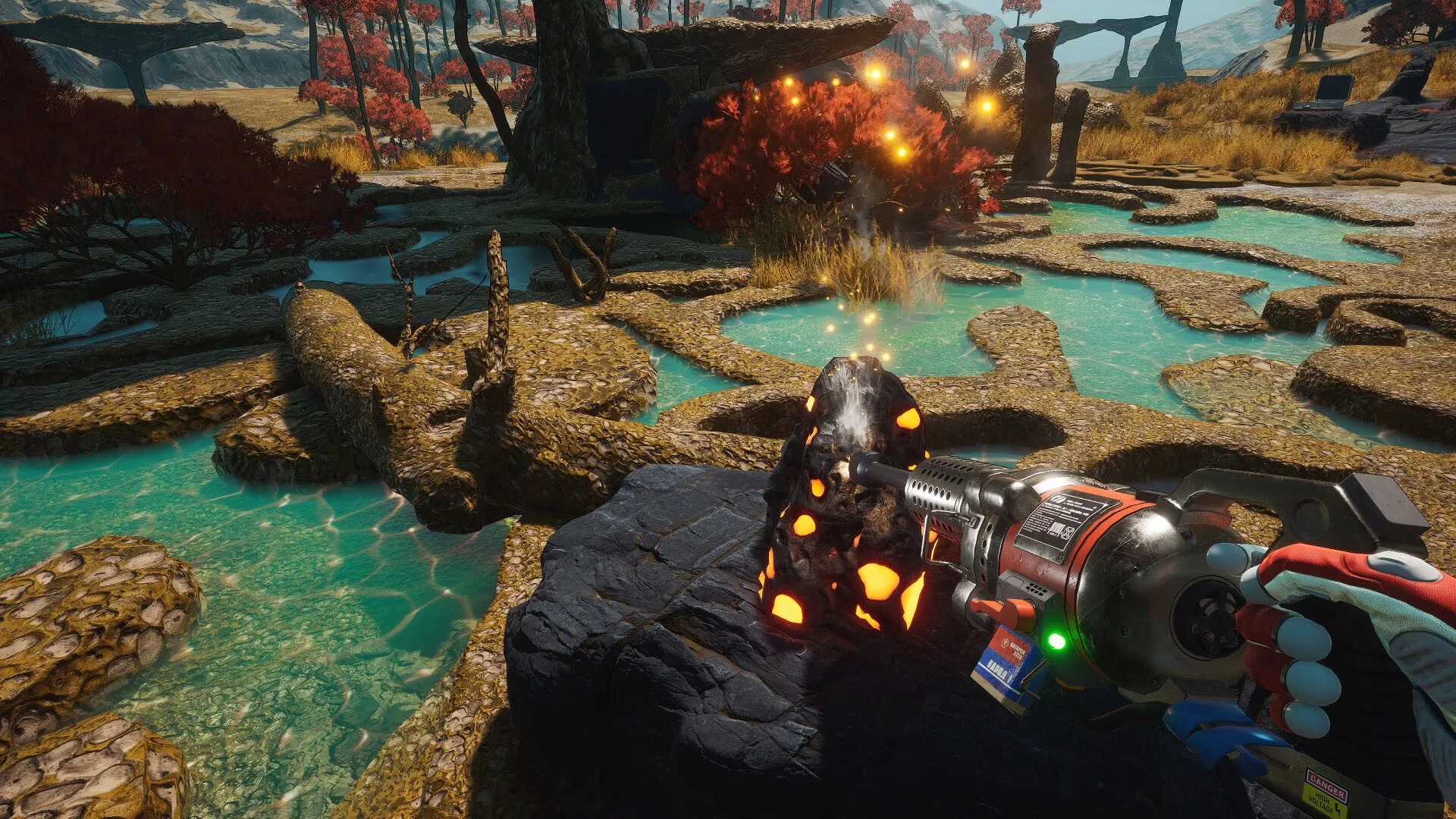 Breathedge 2: Player using tool on glowing rock in alien landscape with turquoise pools and red trees