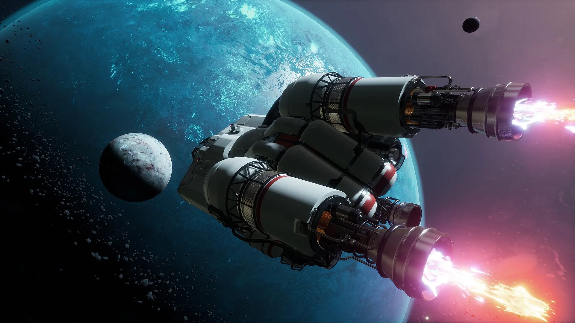 Breathedge 2: Spaceship flying past planets in deep space with glowing engines and asteroid field nearby